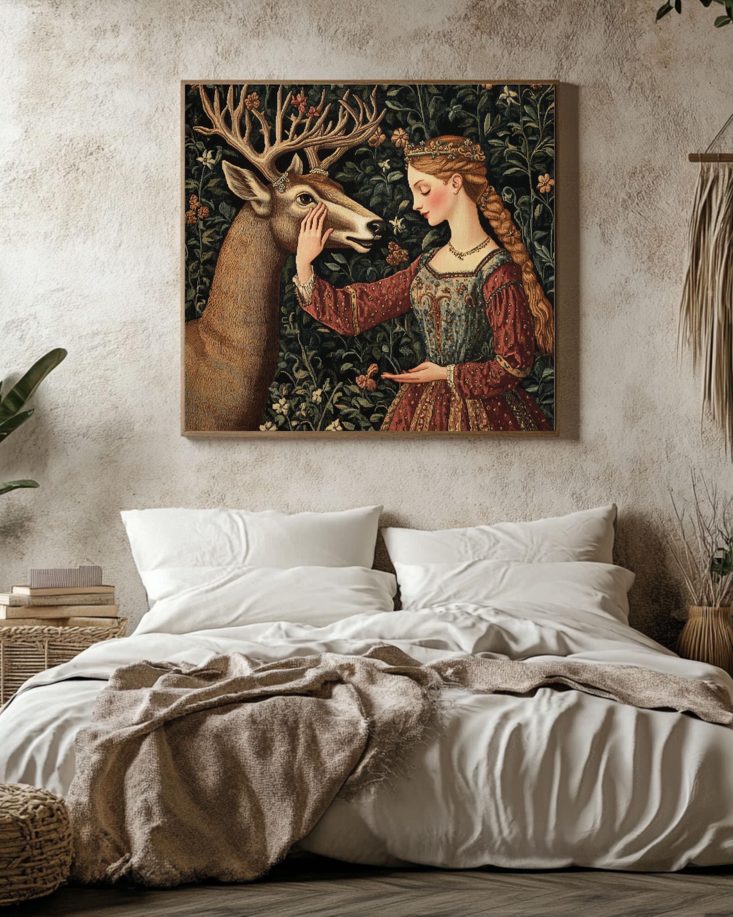 William Morris Medieval Deer Tapestry Art: Elegant Woman in Forest Canvas Wall Art – Modern Decor Print