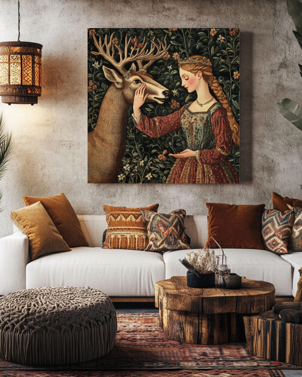 William Morris Medieval Deer Tapestry Art: Elegant Woman in Forest Canvas Wall Art – Modern Decor Print