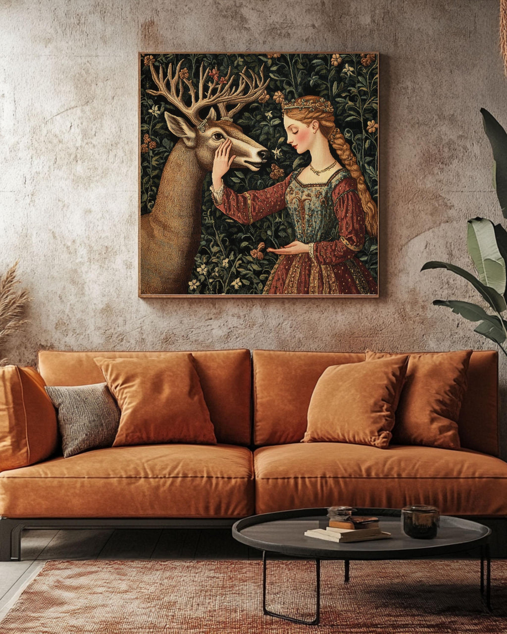 William Morris Medieval Deer Tapestry Art: Elegant Woman in Forest Canvas Wall Art – Modern Decor Print