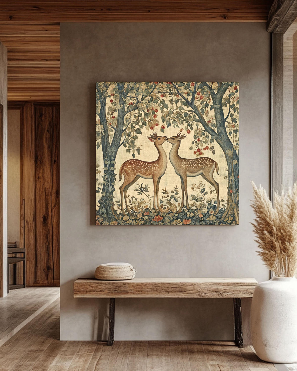 William Morris Deer & Fox Art Print: Vintage Autumn Forest Tapestry Canvas Wall Art – Modern Decor Print