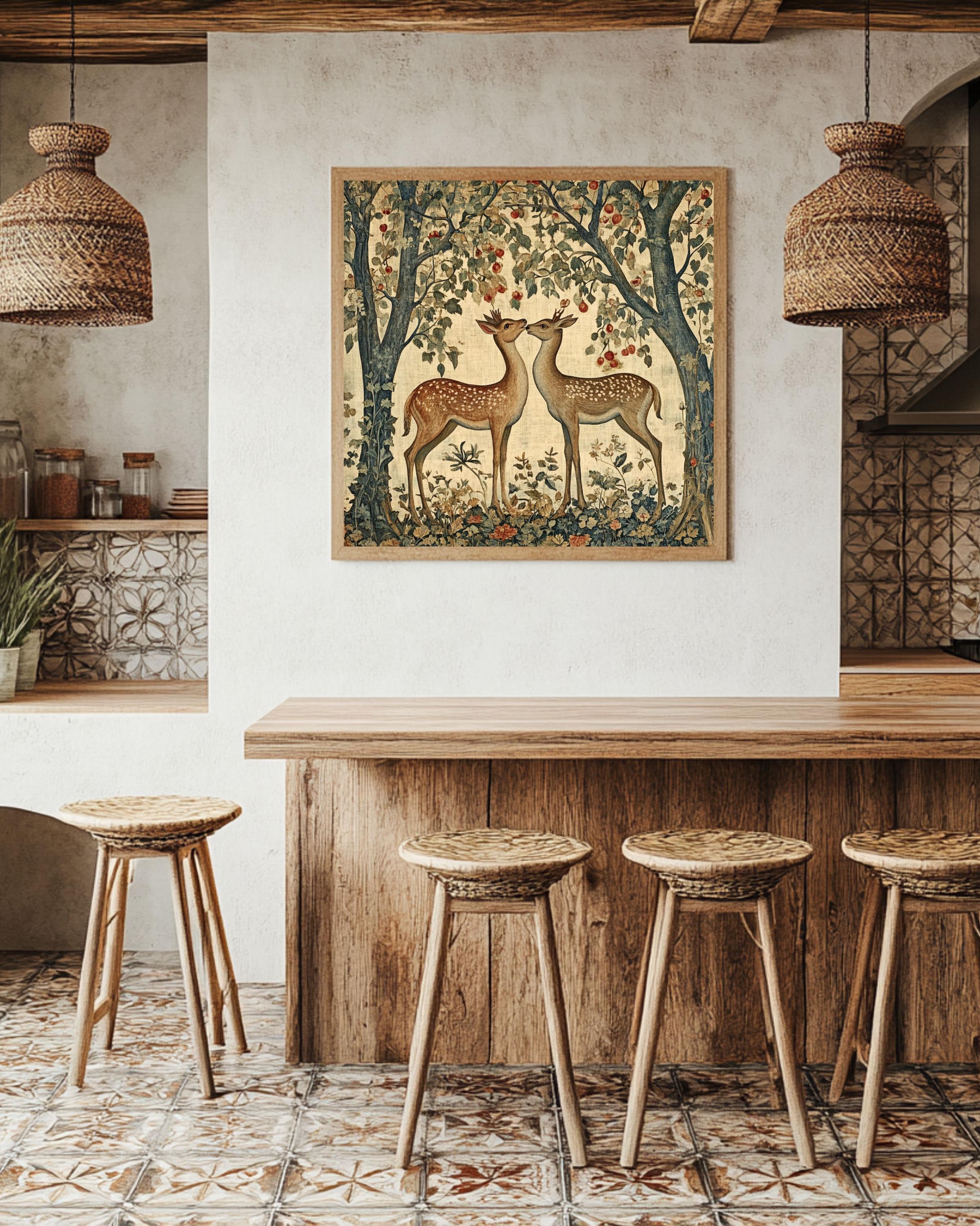 William Morris Deer & Fox Art Print: Vintage Autumn Forest Tapestry Canvas Wall Art – Modern Decor Print