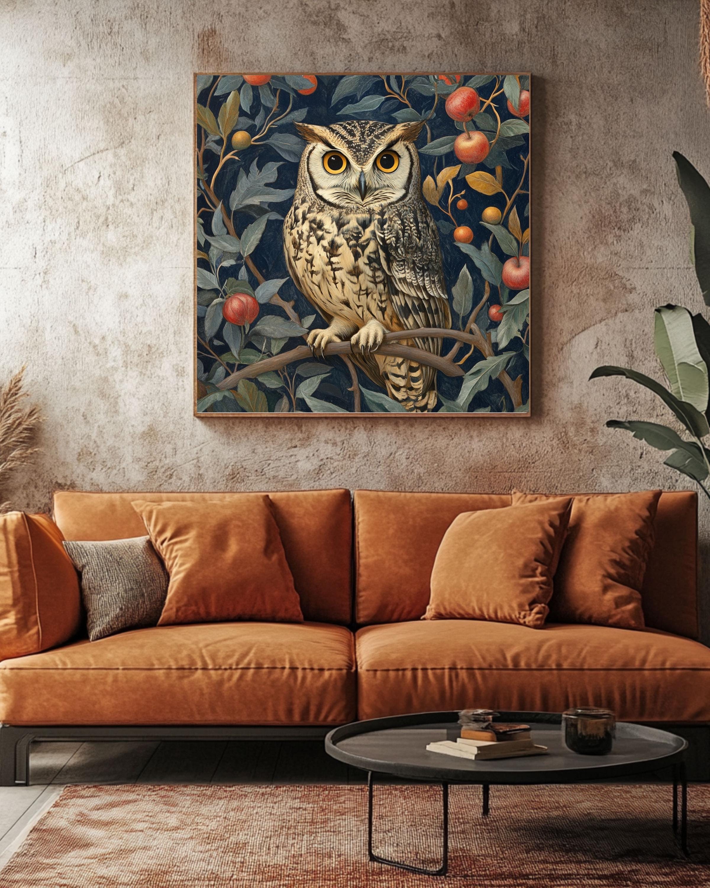 William Morris Owl Art Print: Vintage Floral Tapestry Style Canvas Wall Art – Modern Decor Print