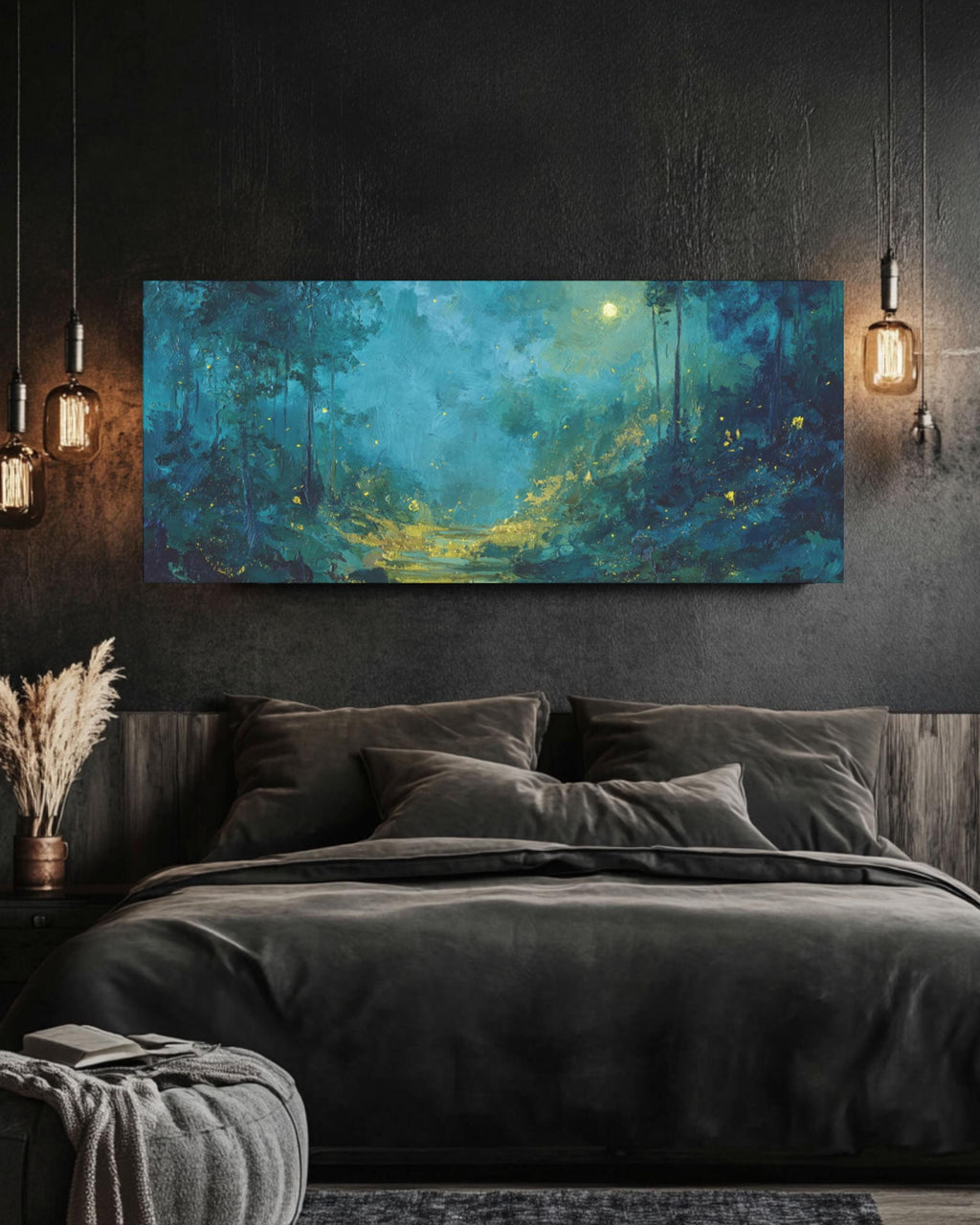 Moonlit Forest Wall Art | Teal & Gold Symbolist Style Canvas Print