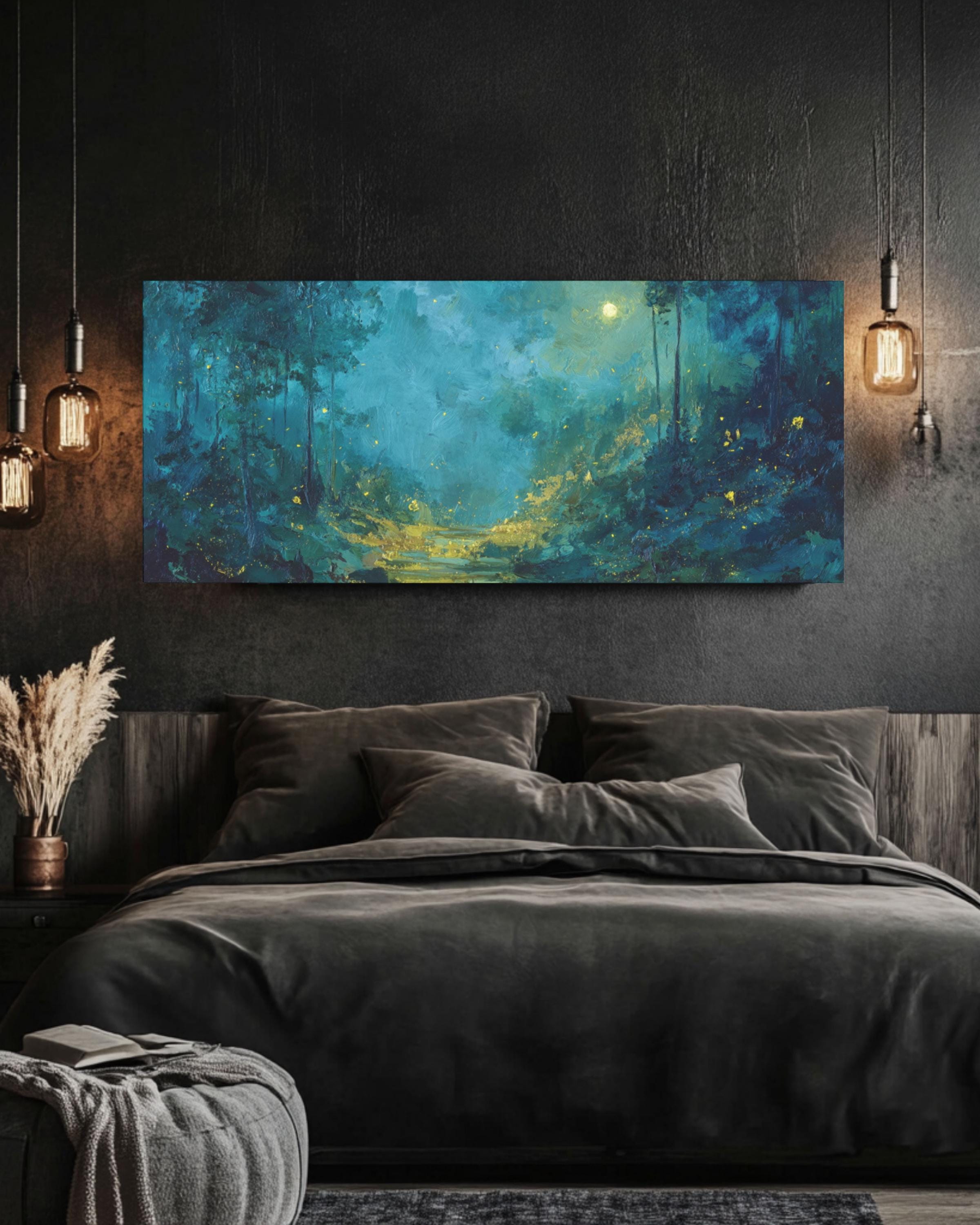 Moonlit Forest Wall Art | Teal & Gold Symbolist Style Canvas Print