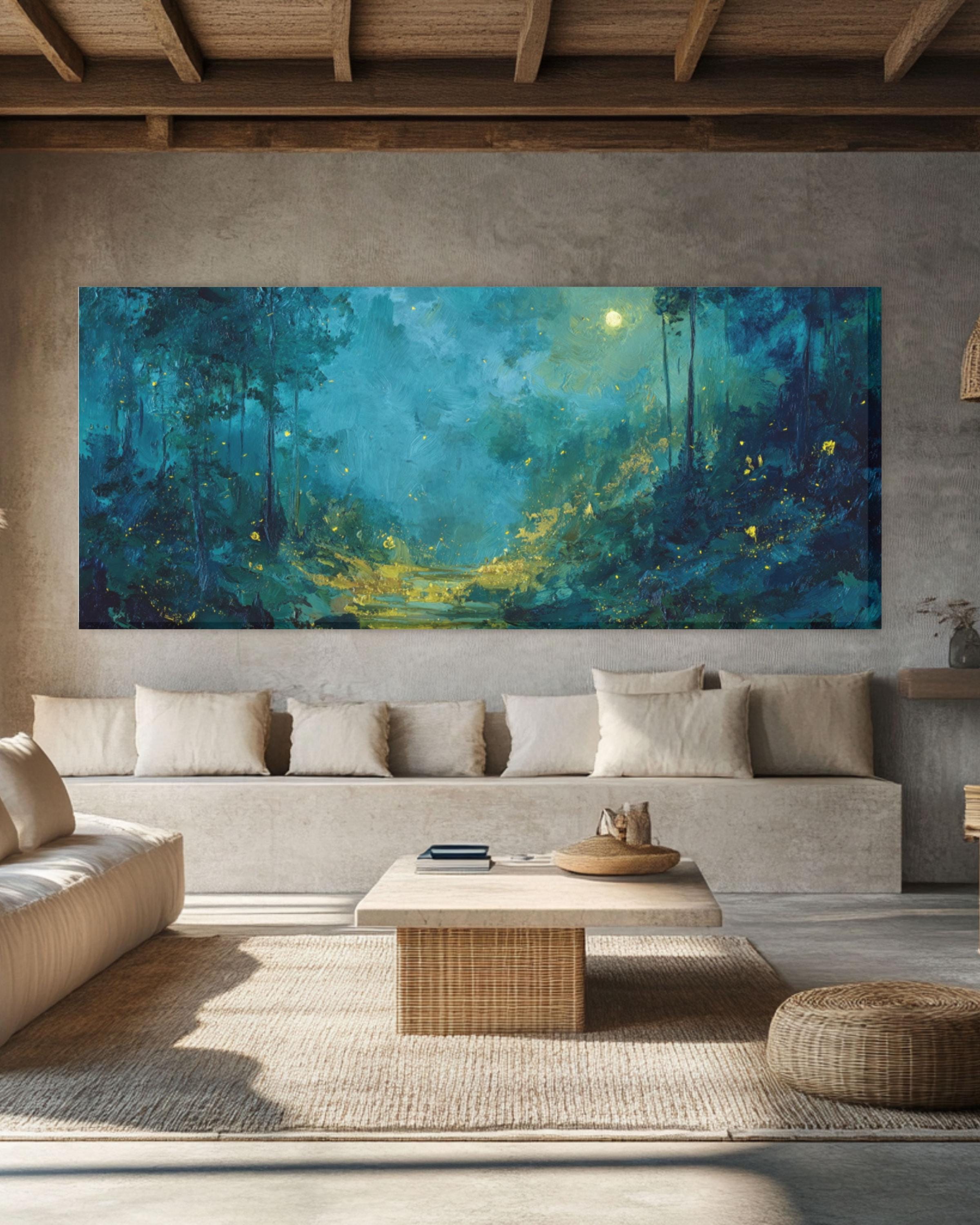 Moonlit Forest Wall Art | Teal & Gold Symbolist Style Canvas Print