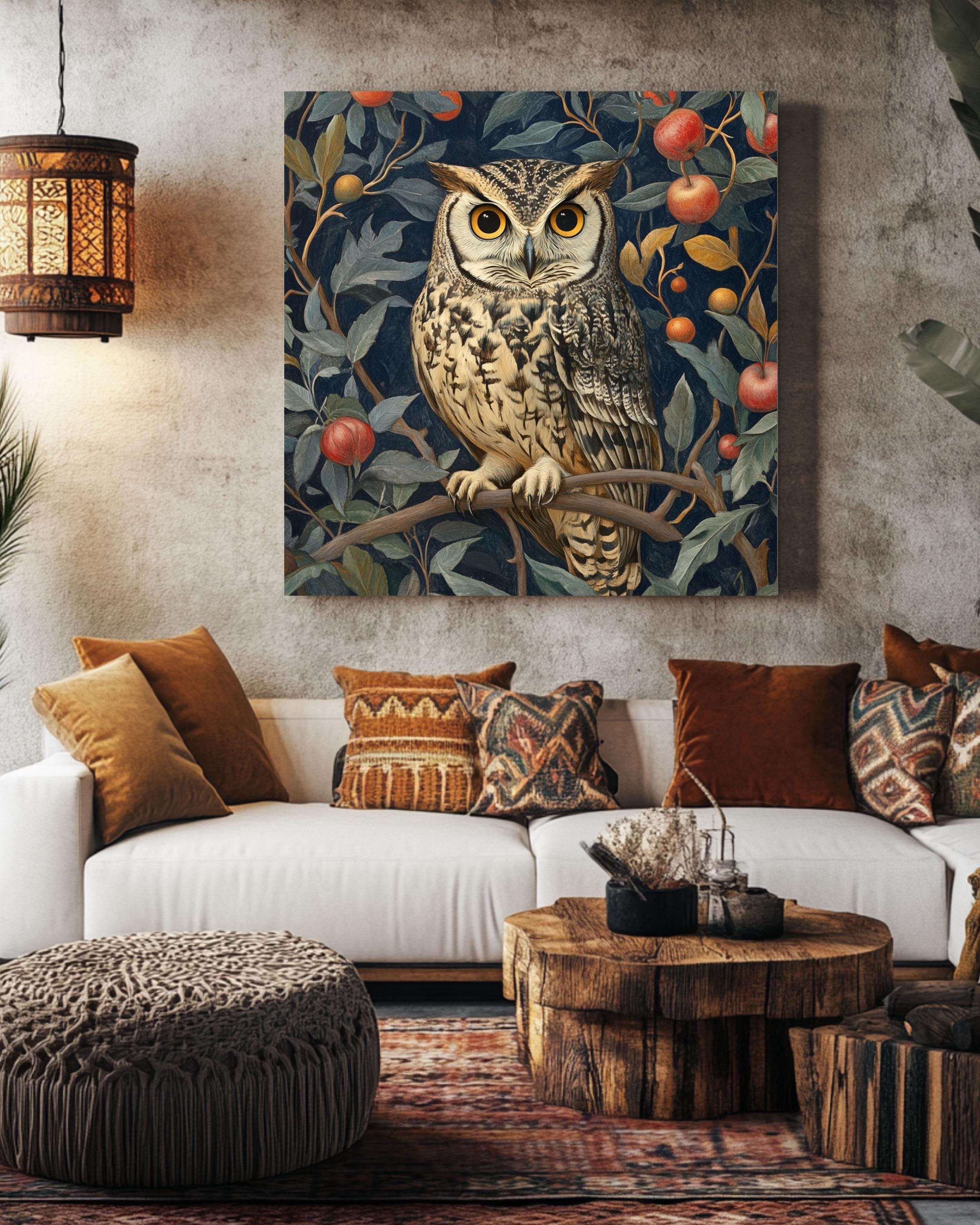 William Morris Owl Art Print: Vintage Floral Tapestry Style Canvas Wall Art – Modern Decor Print