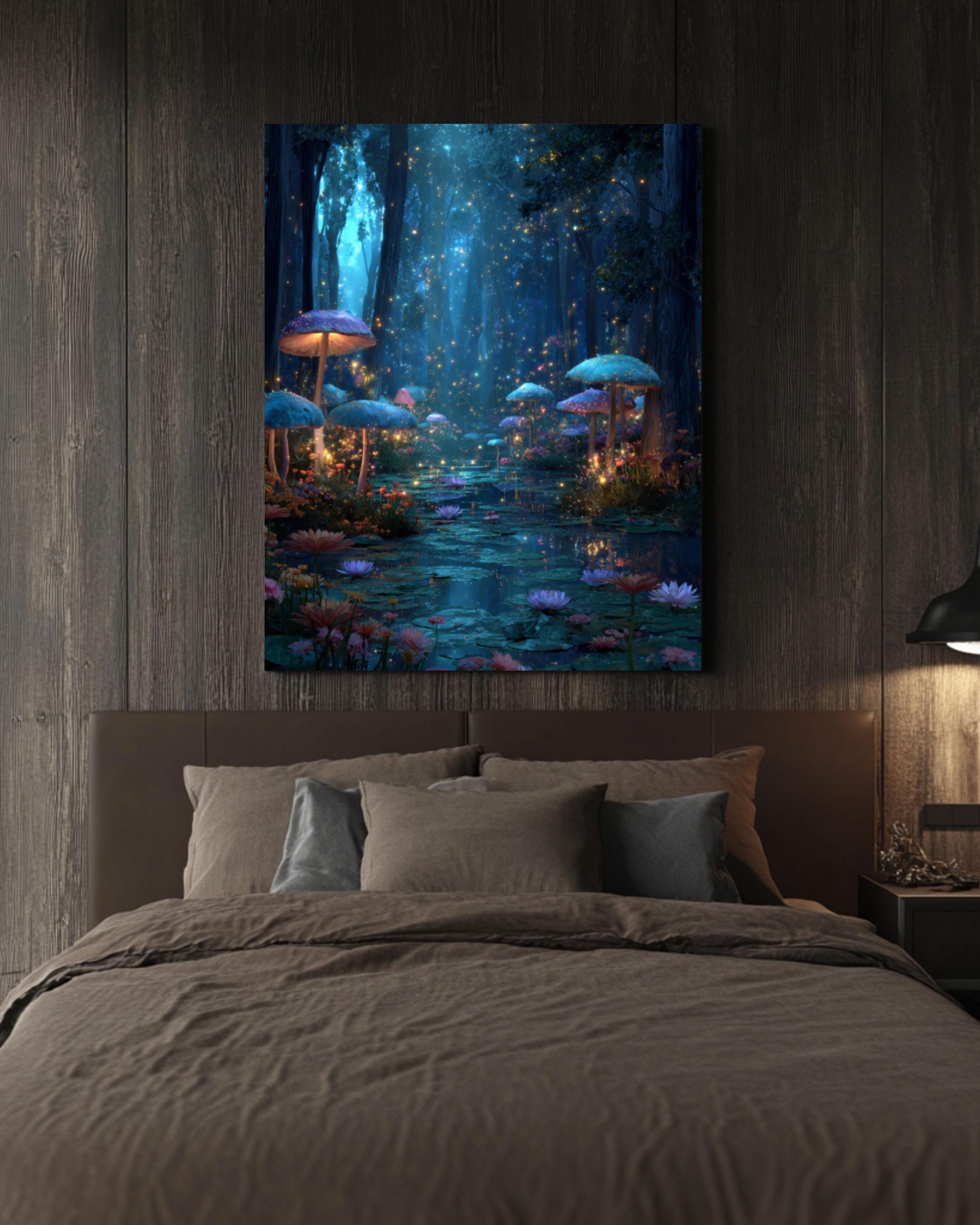 Enchanted Forest Glowing Mushrooms Wall Art | Fantasy Starry Canvas Print