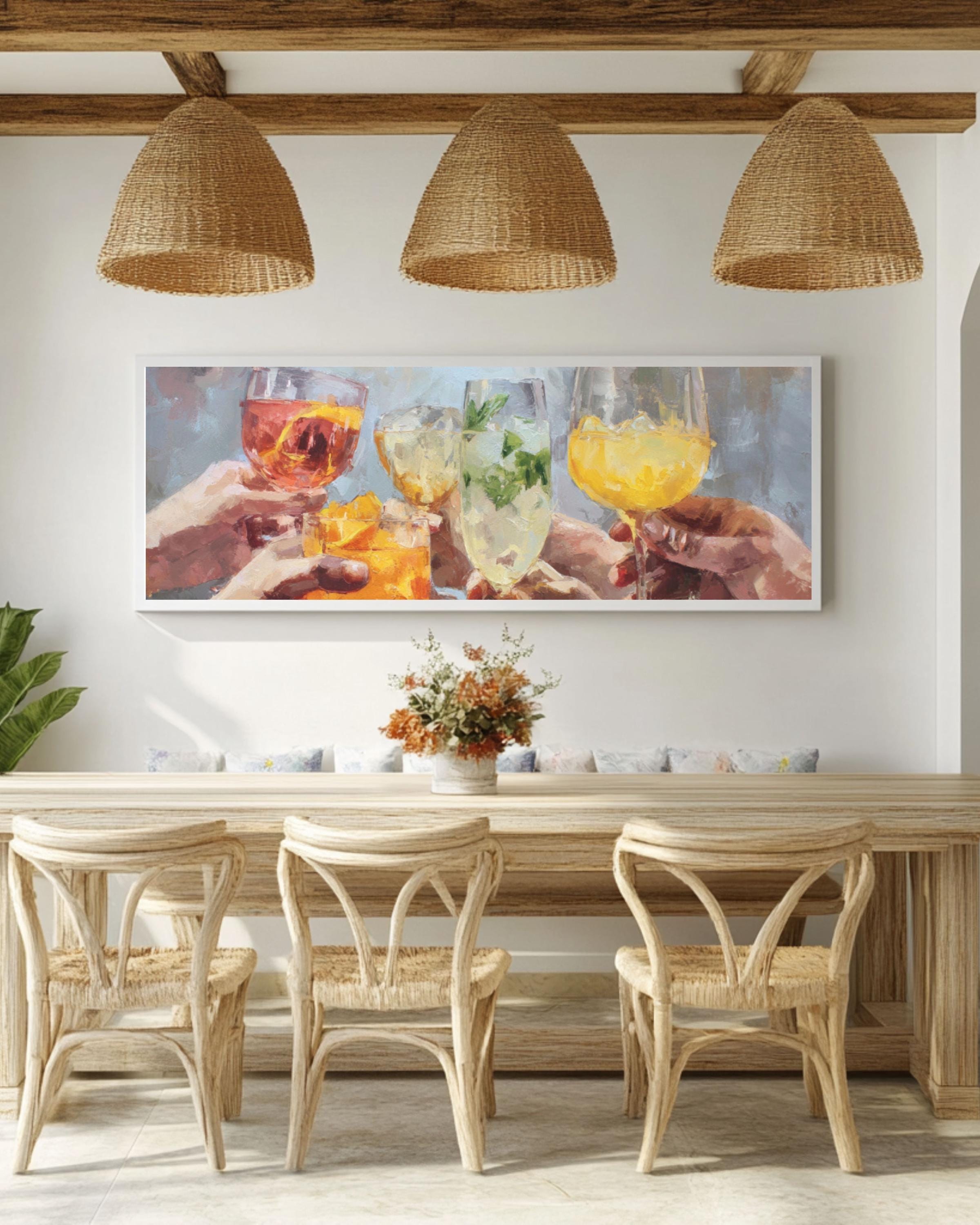 Toasting Hands Celebration Wall Art | Colorful Oil Painting Canvas Print