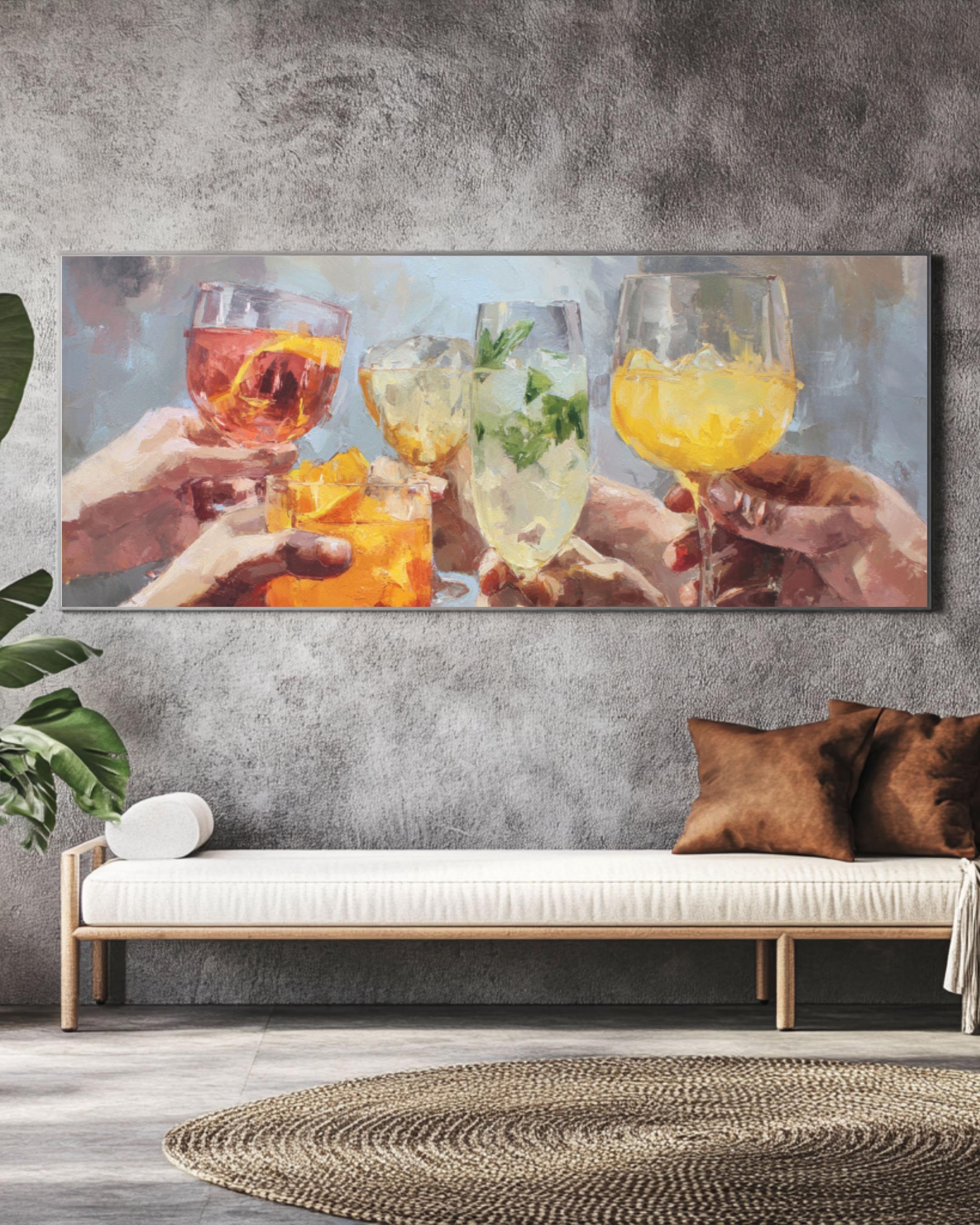 Toasting Hands Celebration Wall Art | Colorful Oil Painting Canvas Print