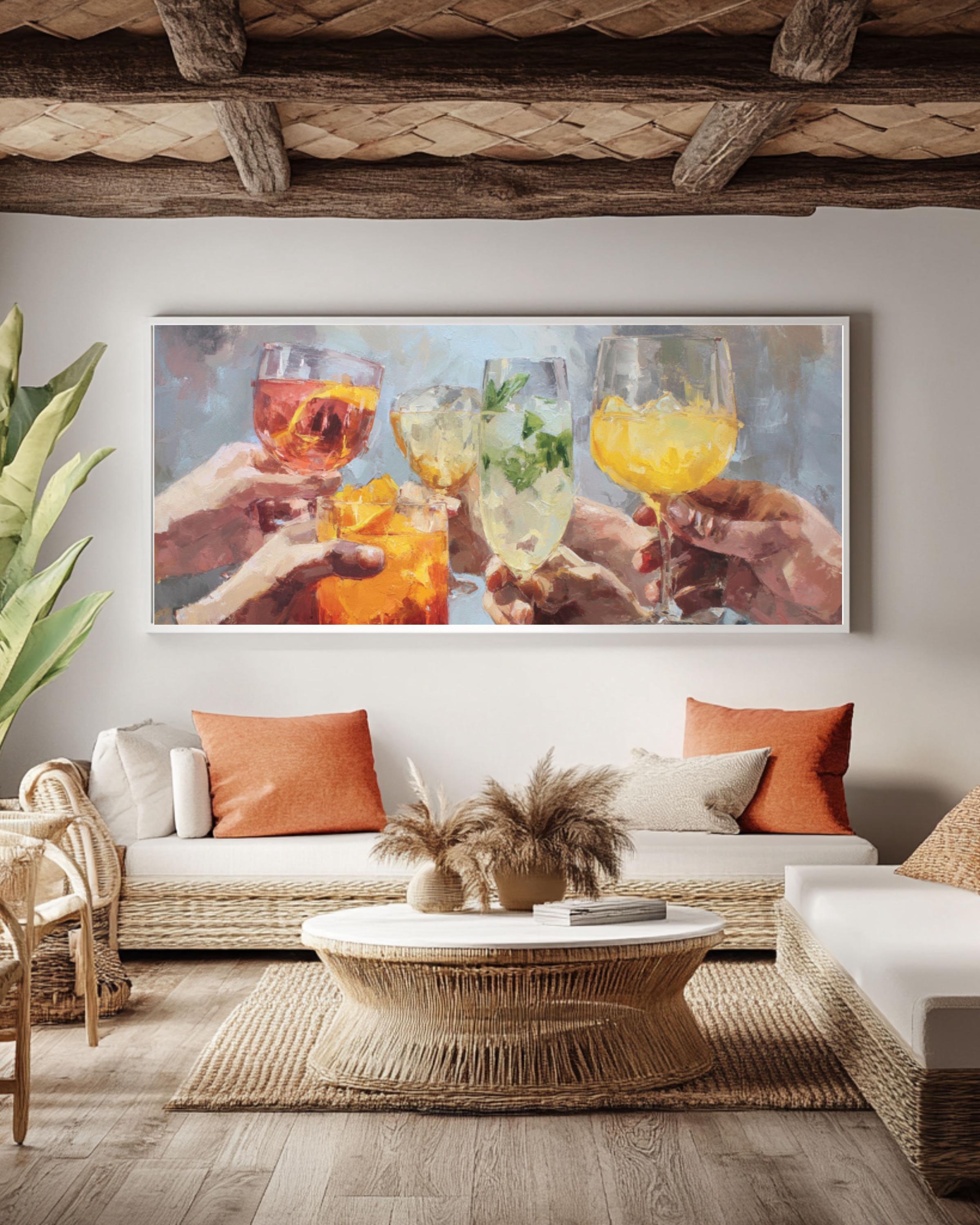 Cheers Toasting Hands Oil Painting: Colorful Celebration Wall Art for home and office wall décor
