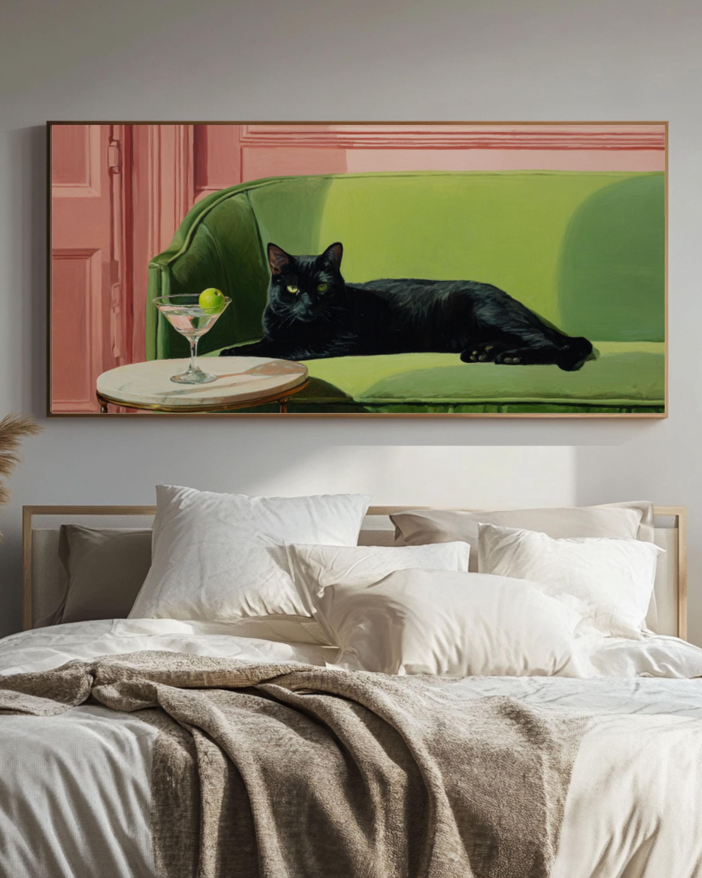 Black Cat with Martini Wall Art | Whimsical Oil Painting Canvas Print