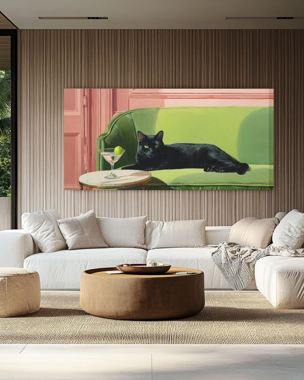 Black Cat with Martini Wall Art | Whimsical Oil Painting Canvas Print