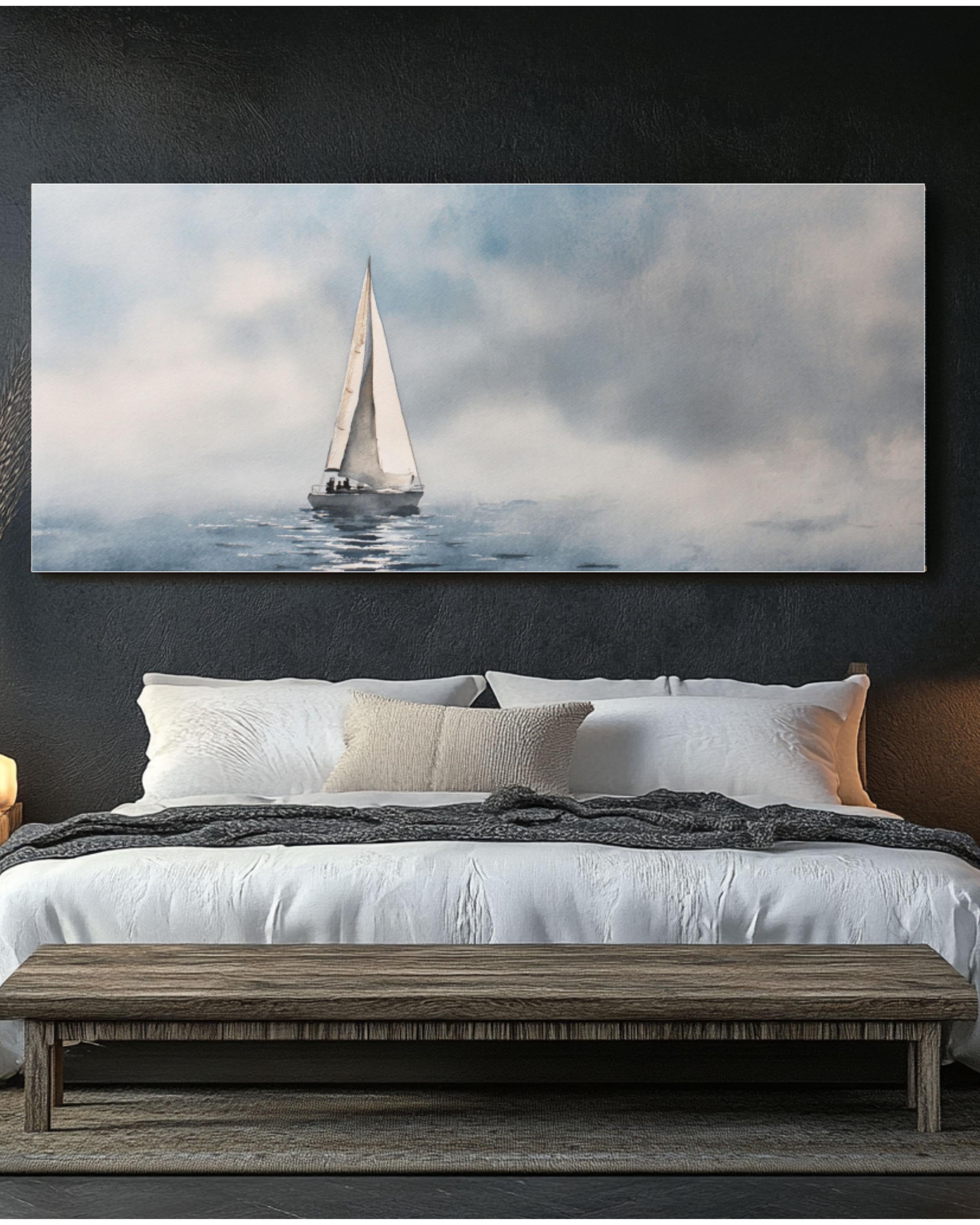 White Sailboat Foggy Sea Wall Art | Minimalist Nautical Watercolor Print