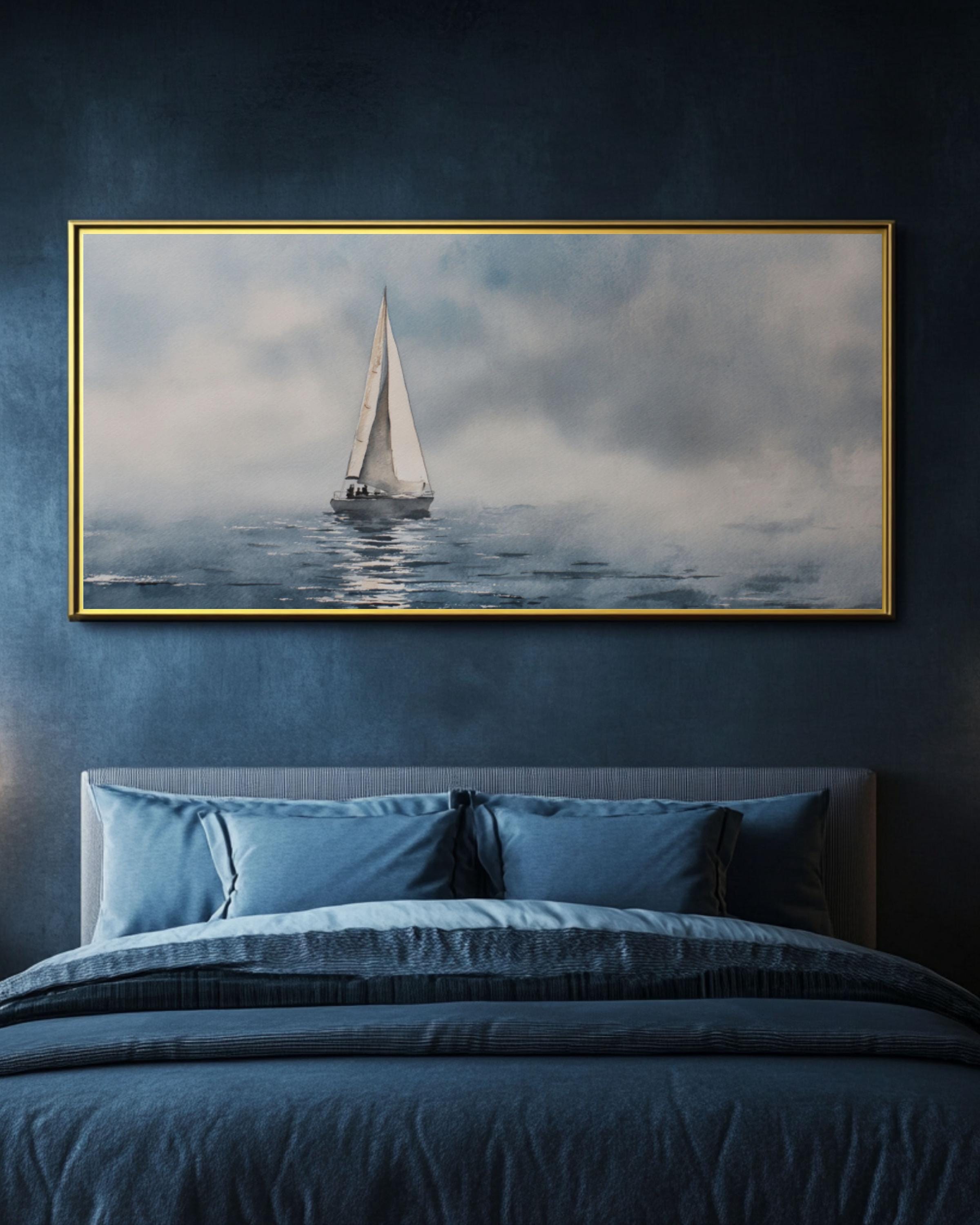 White Sailboat Foggy Sea Wall Art | Minimalist Nautical Watercolor Print