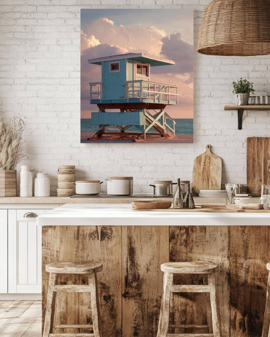 Teal Lifeguard Tower Sunset Wall Art | Hyperreal Coastal Canvas Print