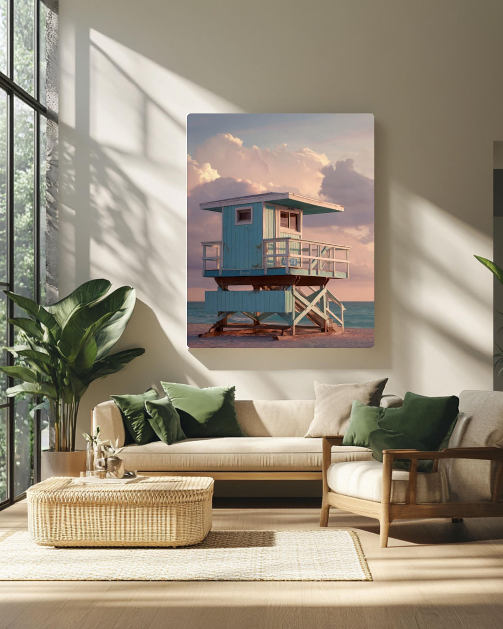 Teal Lifeguard Tower Sunset Wall Art | Hyperreal Coastal Canvas Print