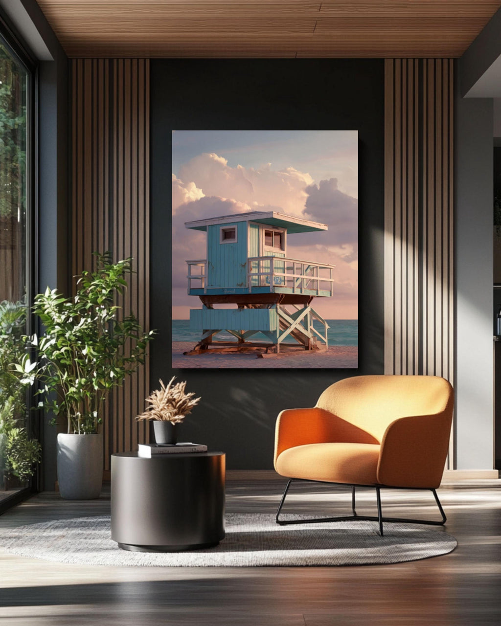 Teal Lifeguard Tower Sunset Wall Art | Hyperreal Coastal Canvas Print
