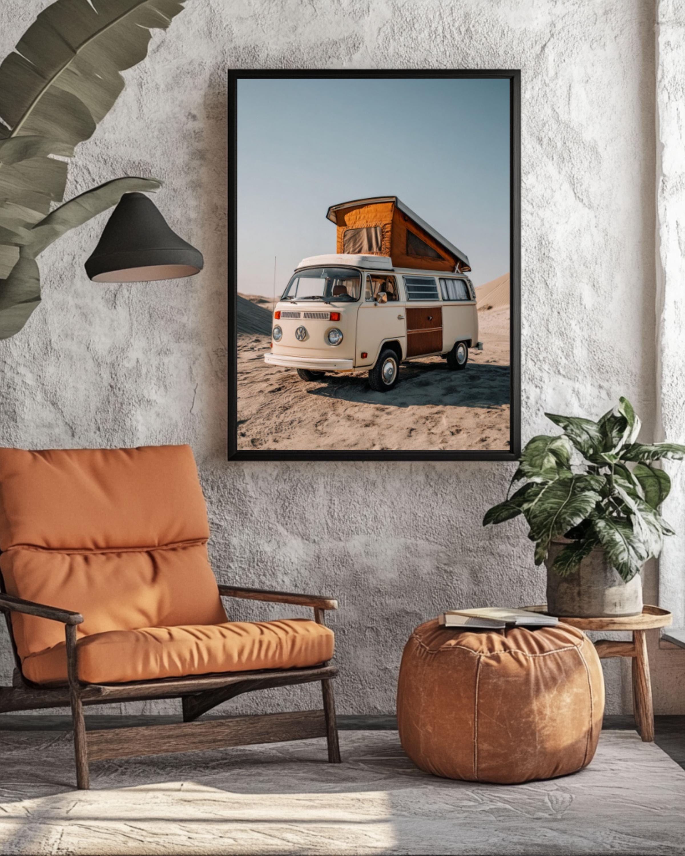 Vintage VW Camper Van Photo: Retro Travel Wall Art, Neutral Tones for home and office wall décor