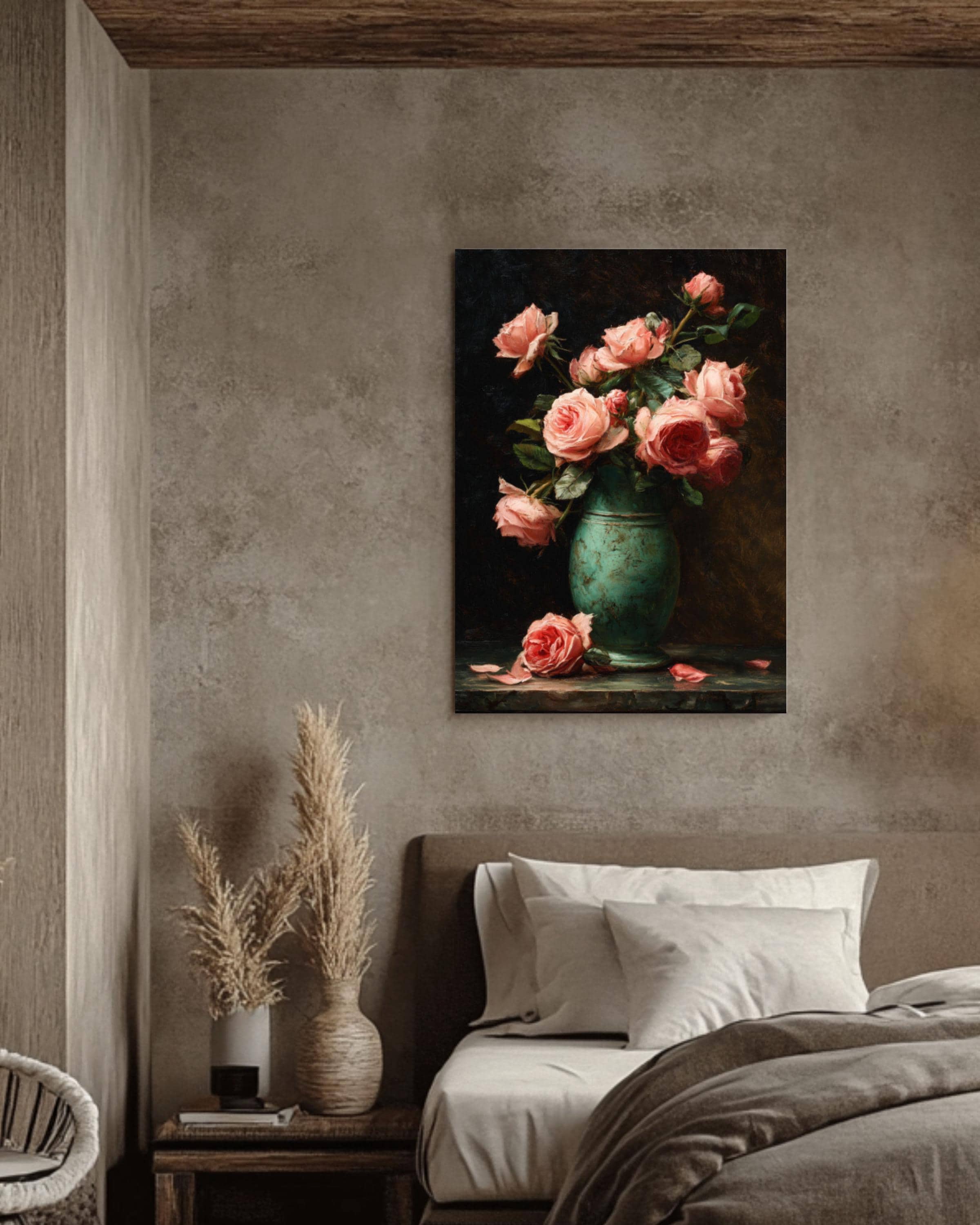 Vintage Pink Roses Oil Painting Wall Art | Victorian Floral Still Life
