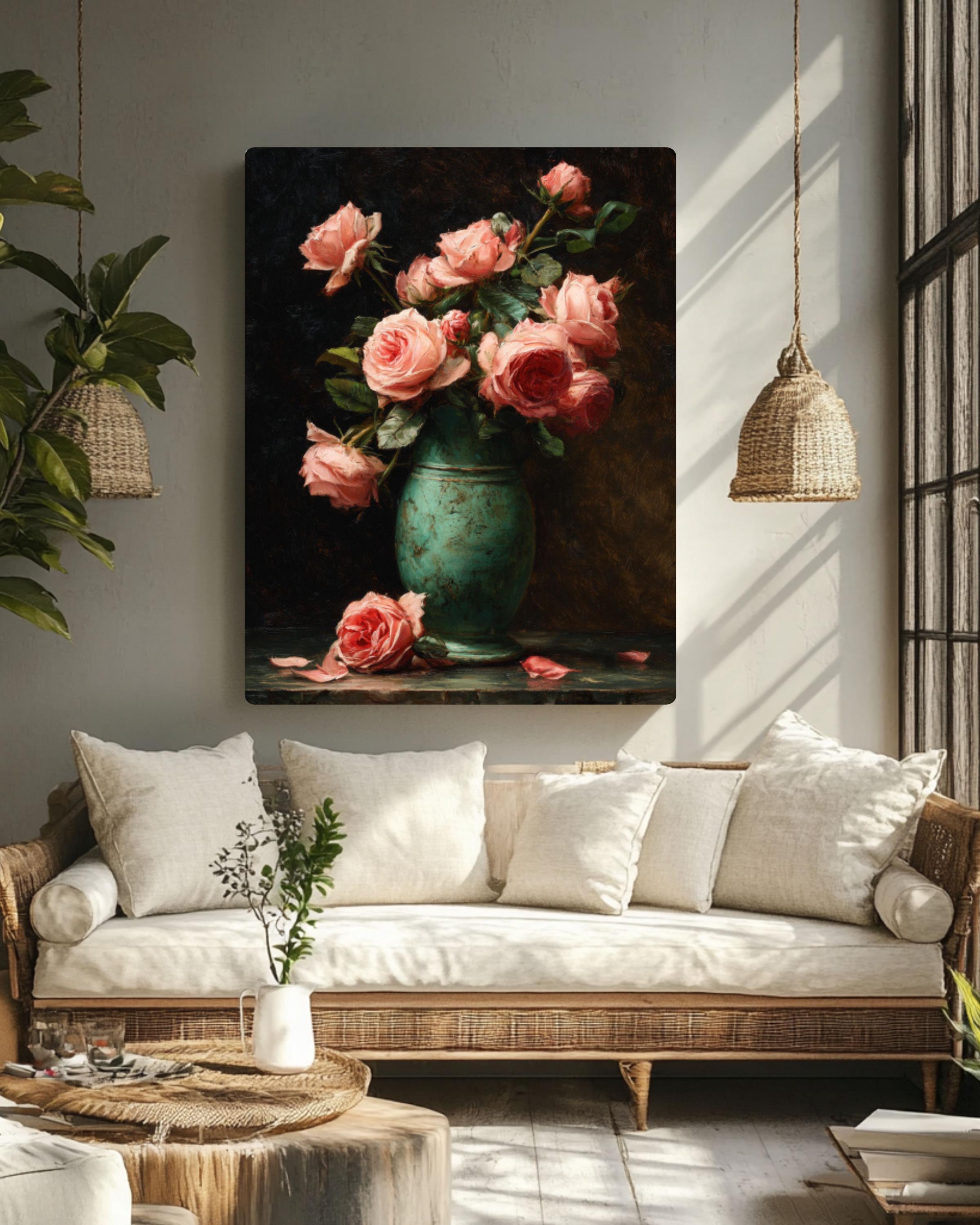 Vintage Pink Roses Oil Painting Wall Art | Victorian Floral Still Life
