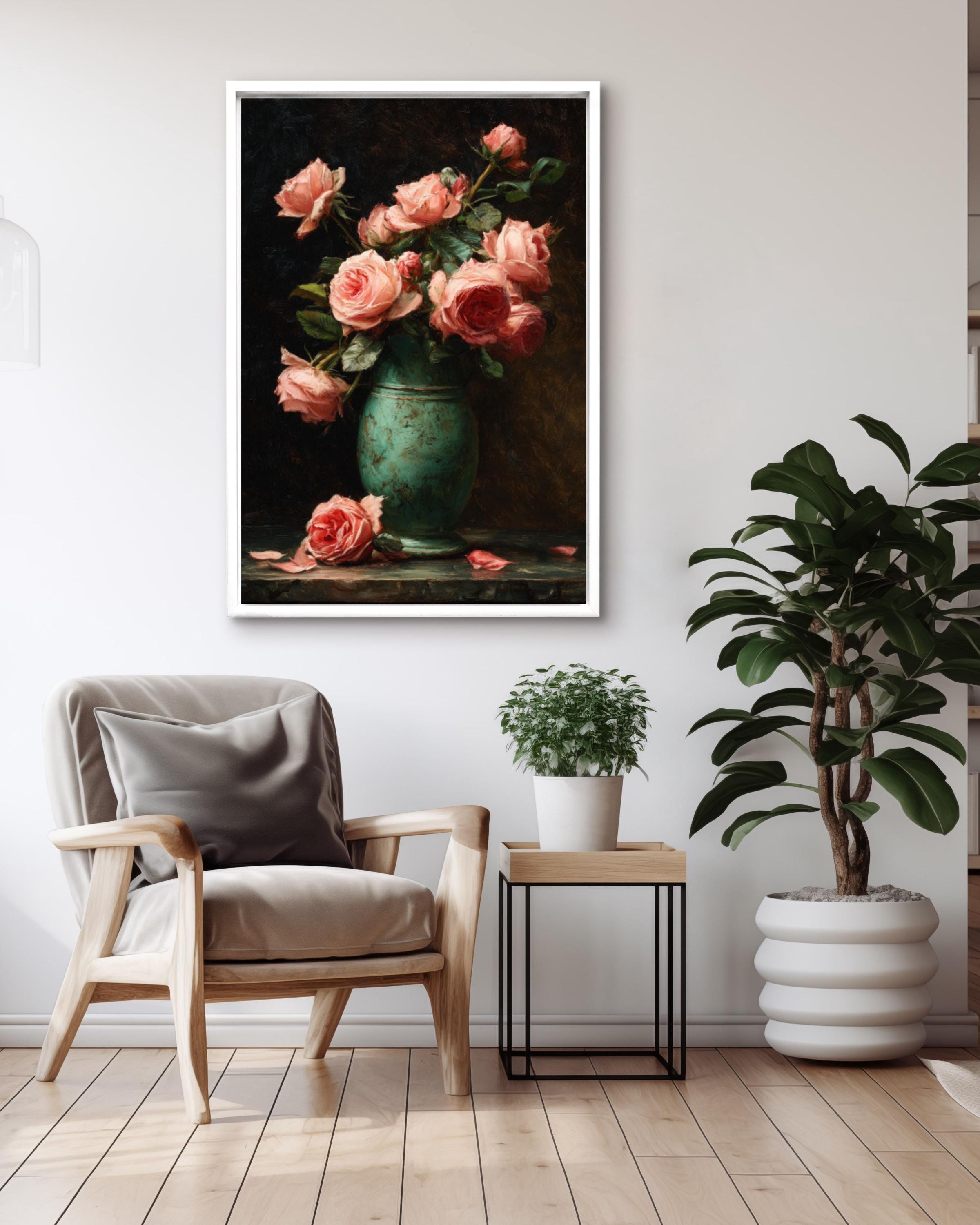 Vintage Pink Roses Oil Painting: Victorian Floral Still Life for home and office wall décor