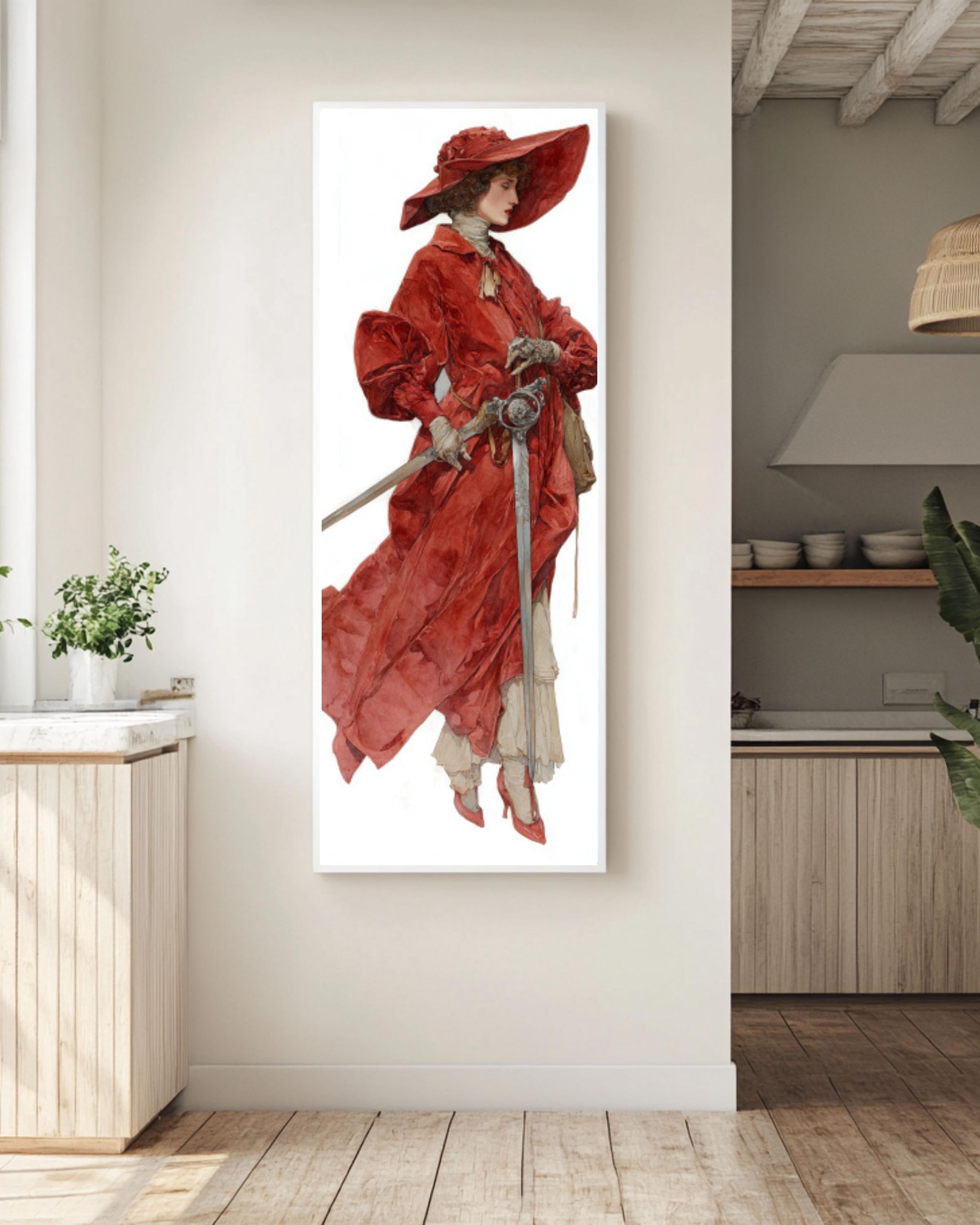 Woman in Red Velvet Coat Wall Art | Watercolor Fantasy Portrait Canvas