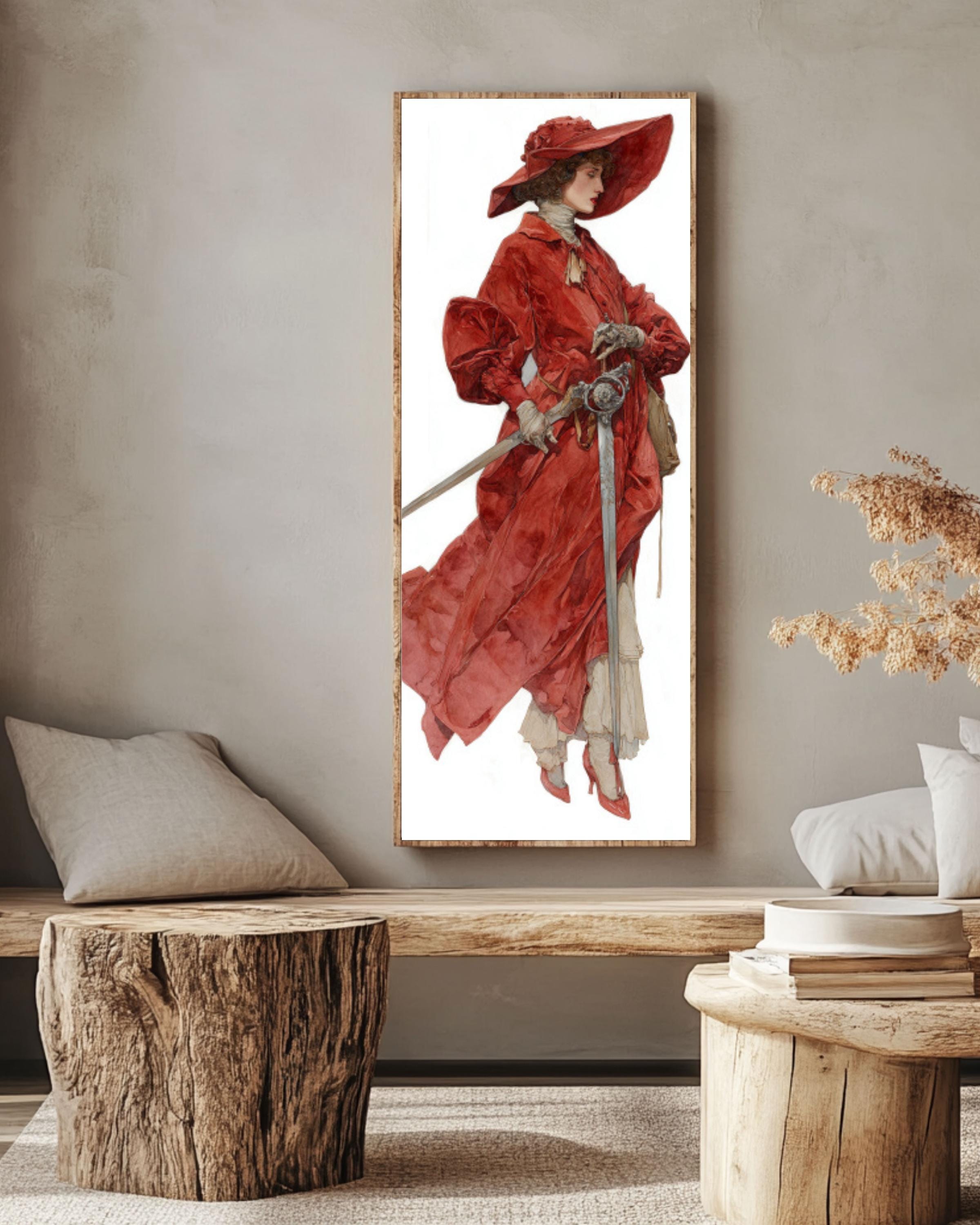 Woman in Red Velvet Coat Wall Art | Watercolor Fantasy Portrait Canvas