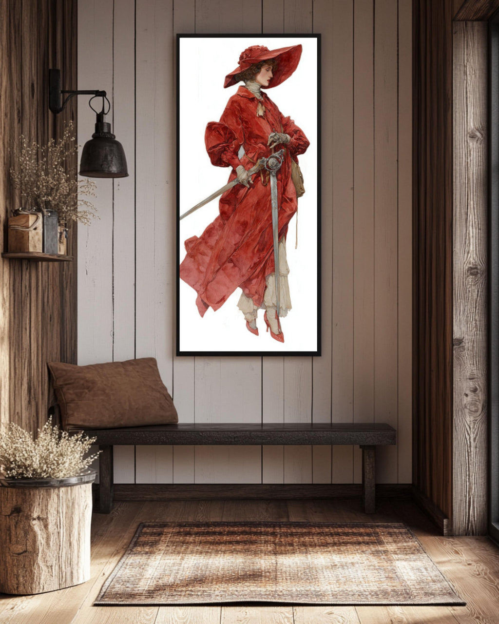 Woman in Red Velvet Coat Wall Art | Watercolor Fantasy Portrait Canvas