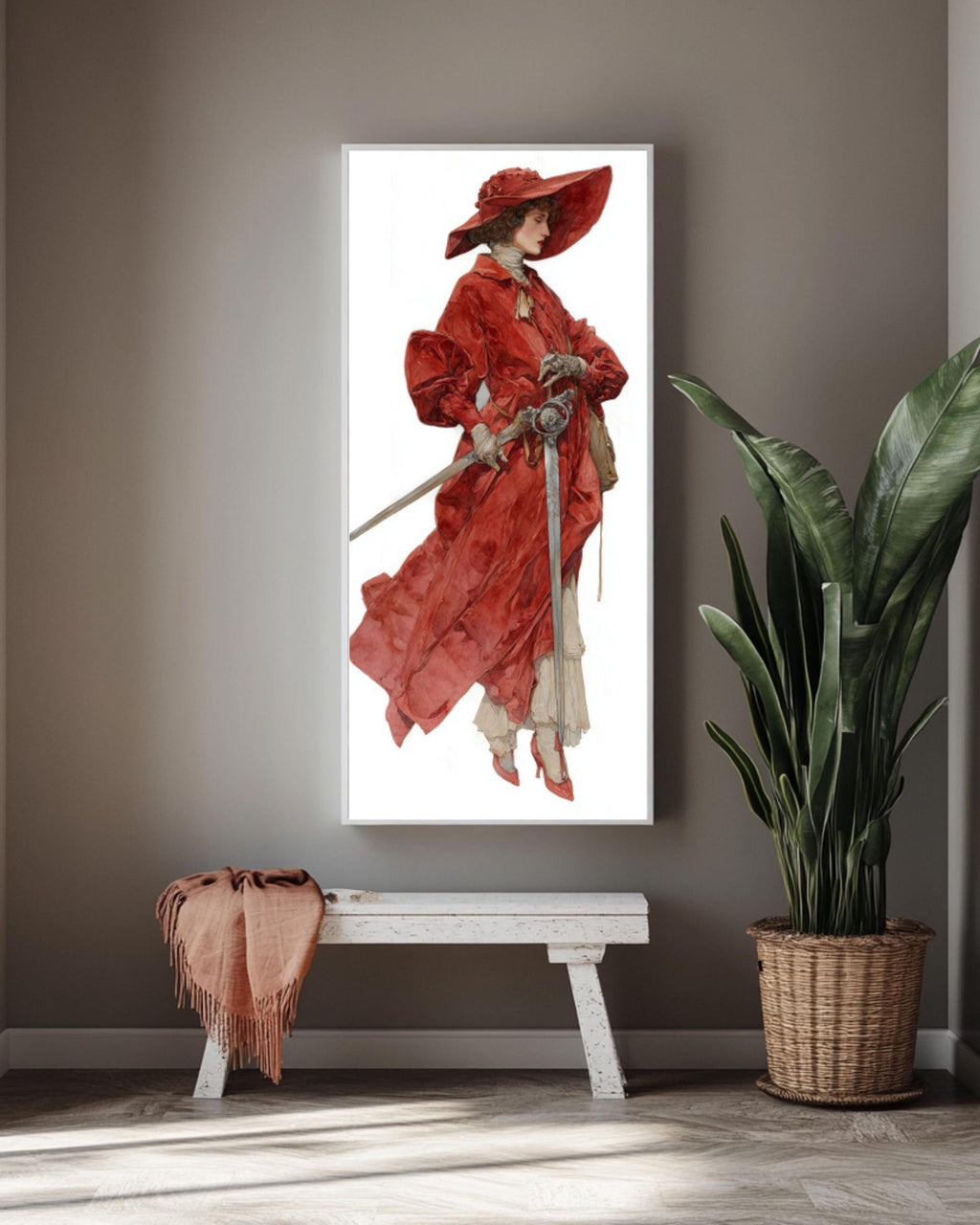 Woman in Red Velvet Coat Wall Art | Watercolor Fantasy Portrait Canvas