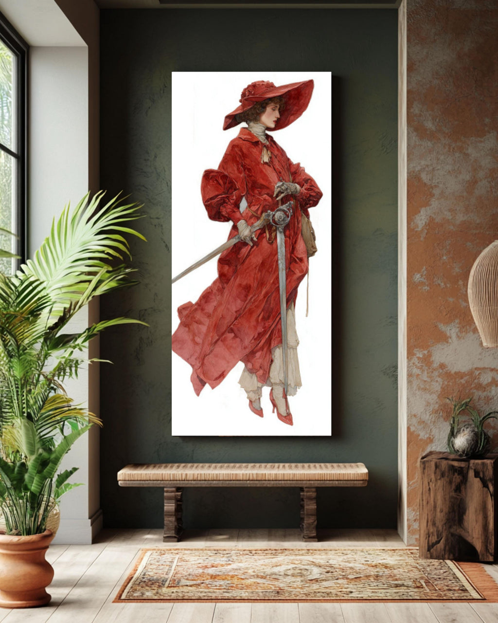 Woman in Red Velvet Coat with Sword â€“ Watercolor Art in J.C. Leyendecker Style for home and office wall décor