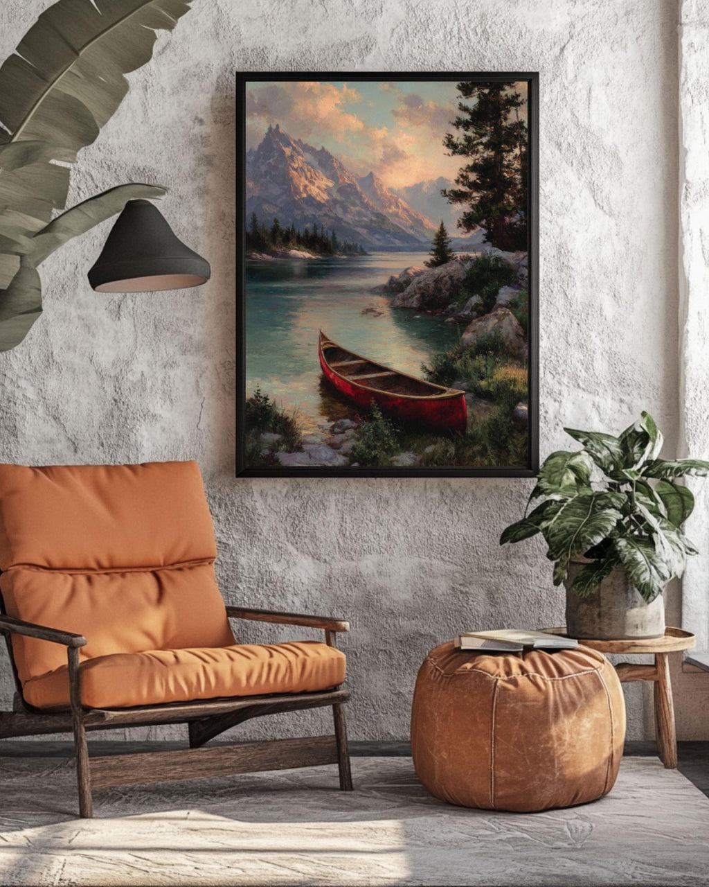 Red Canoe Lake Cabin Wall Art | Rustic Kinkade Style Canvas Print