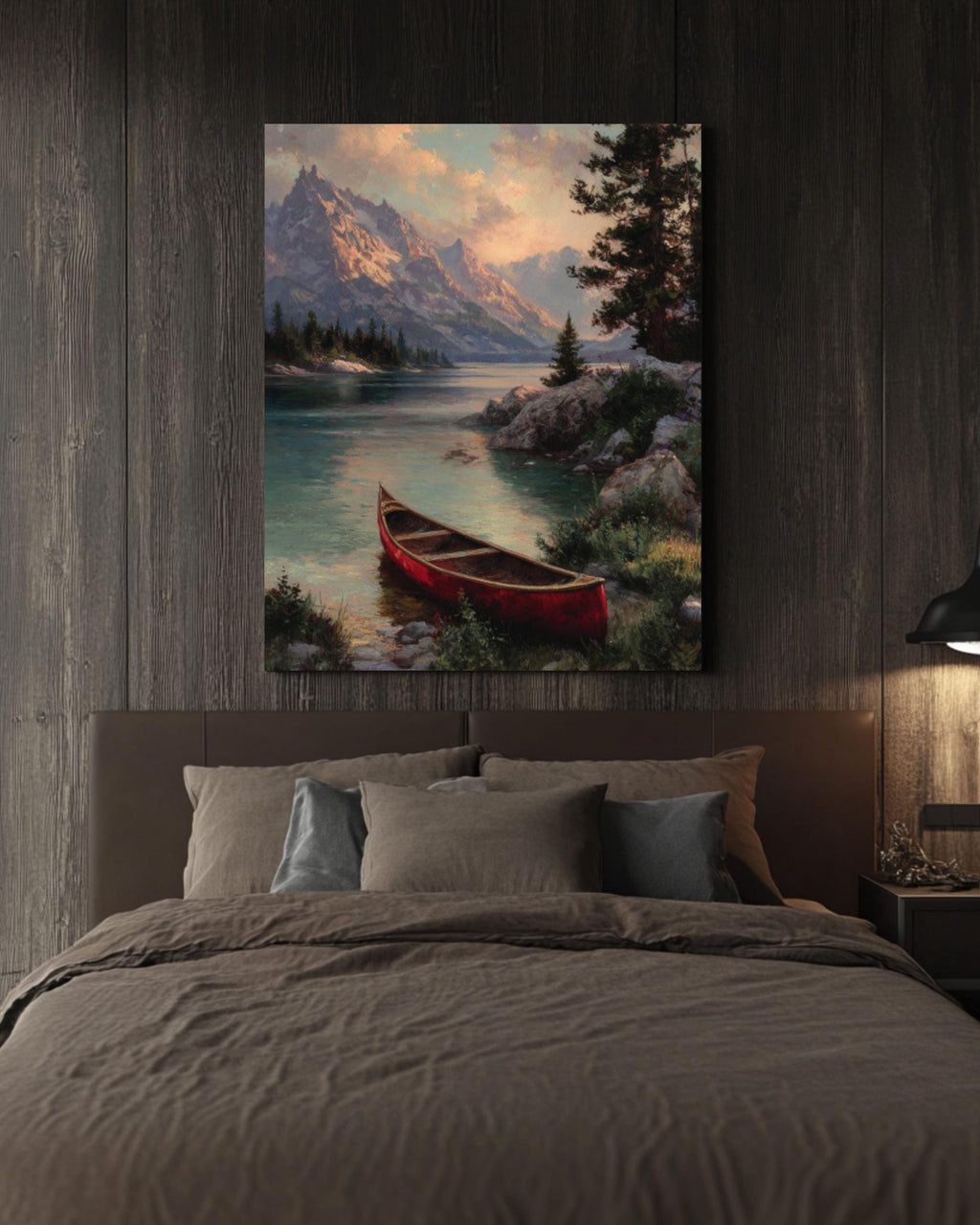 Red Canoe Lake Cabin Wall Art | Rustic Kinkade Style Canvas Print
