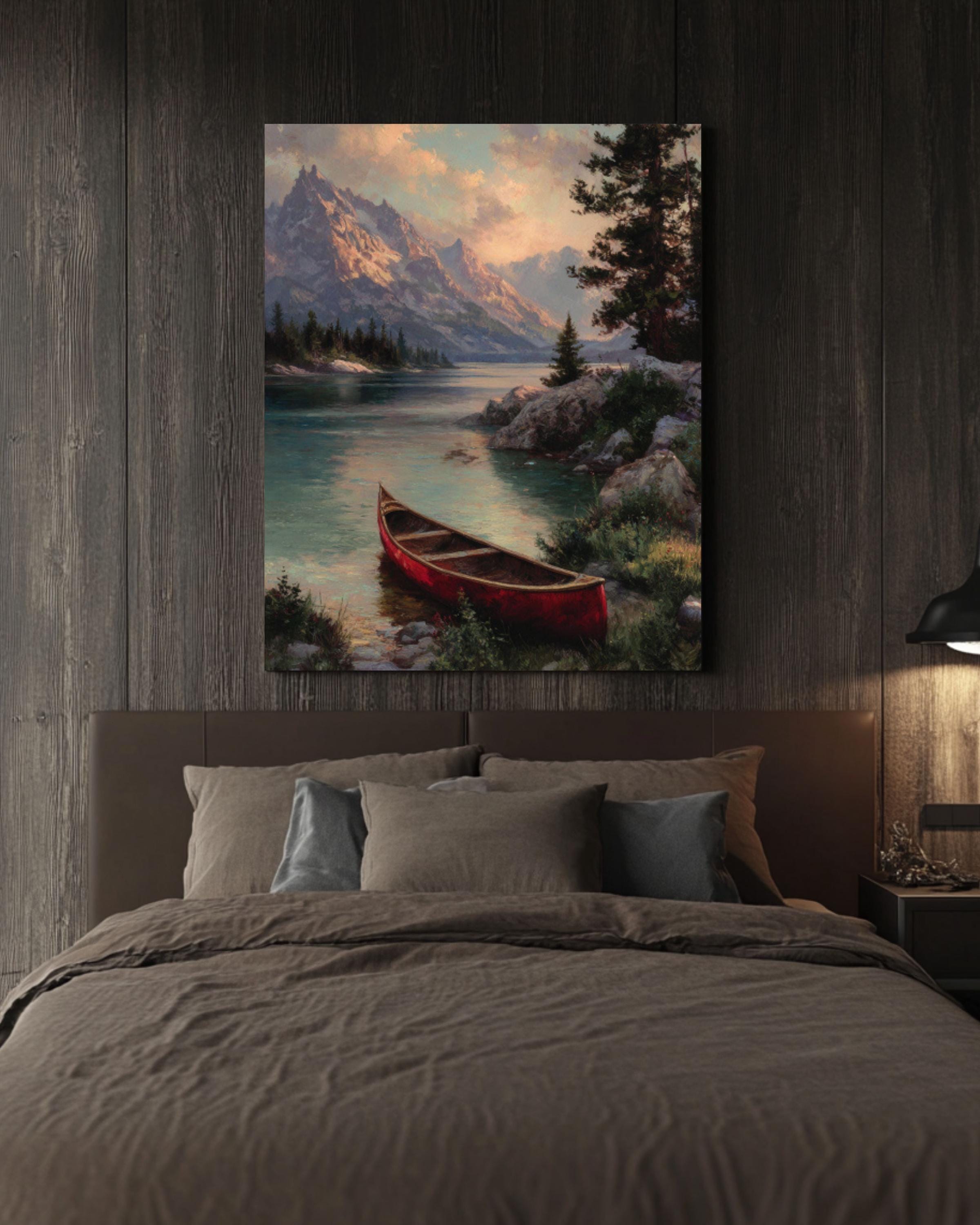 Red Canoe Lake Cabin Wall Art | Rustic Kinkade Style Canvas Print