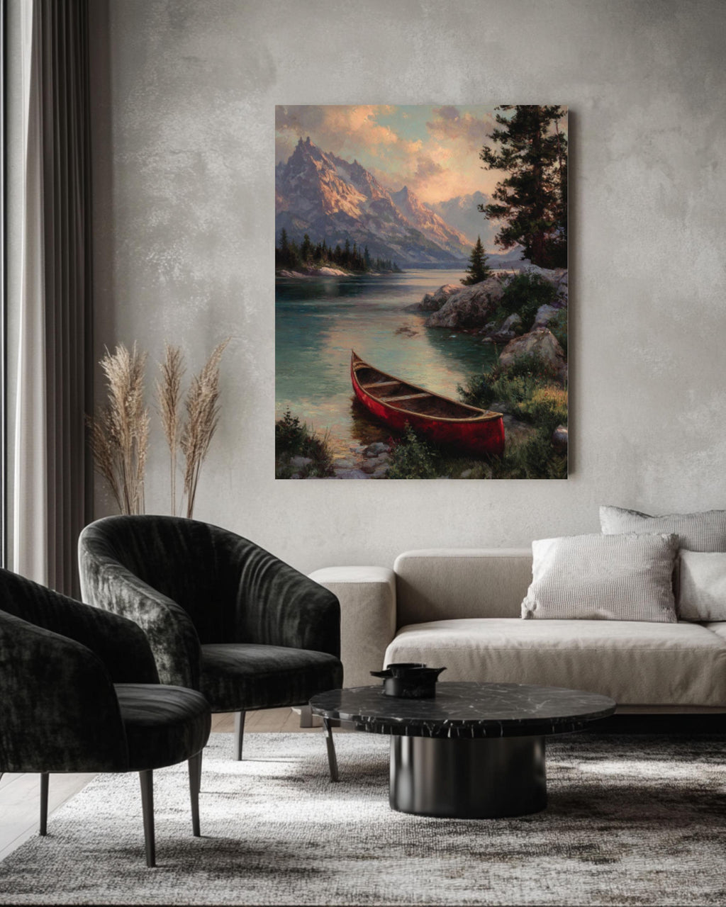 Red Canoe Lake Cabin Wall Art | Rustic Kinkade Style Canvas Print