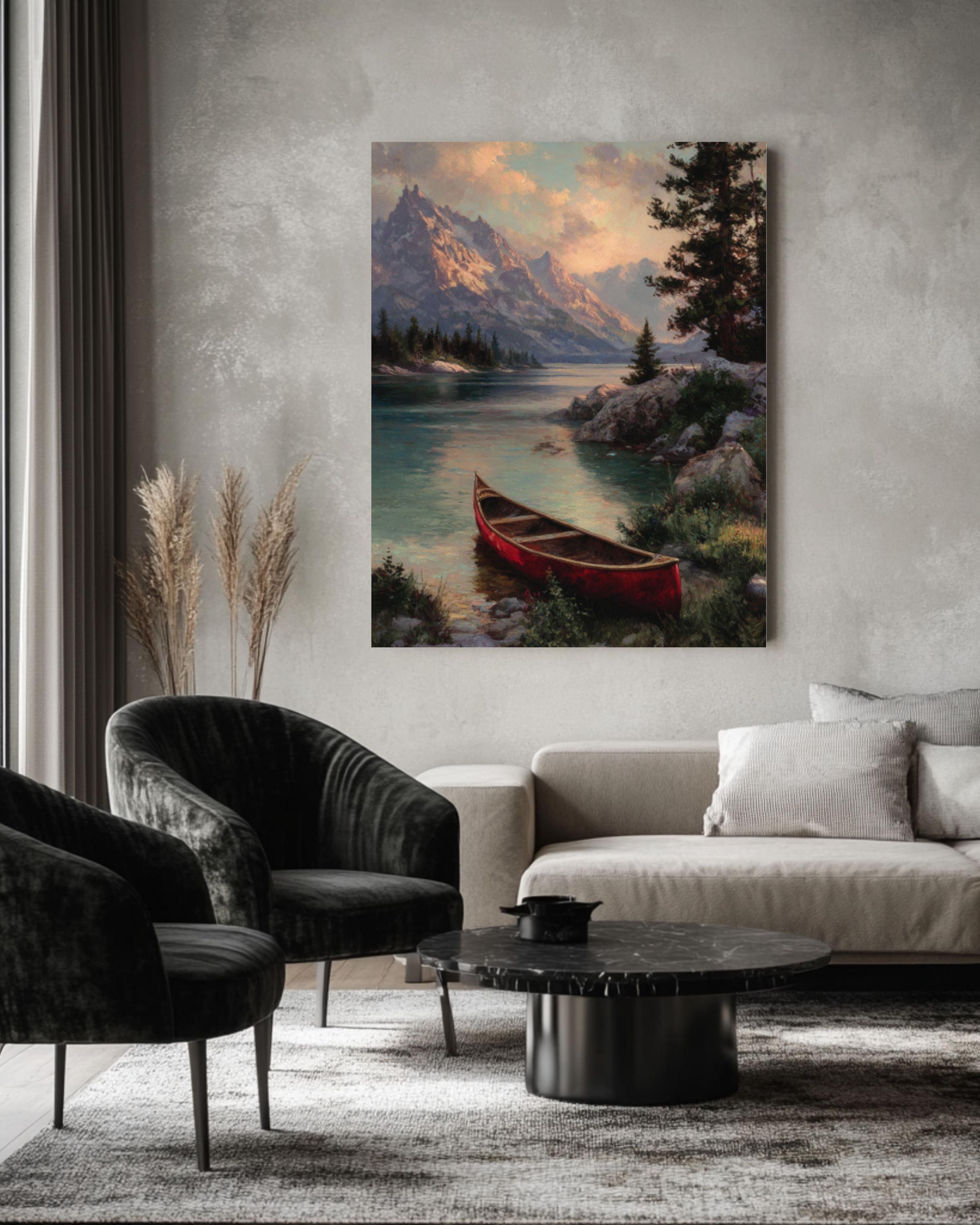 Red Canoe Lake Cabin Wall Art | Rustic Kinkade Style Canvas Print