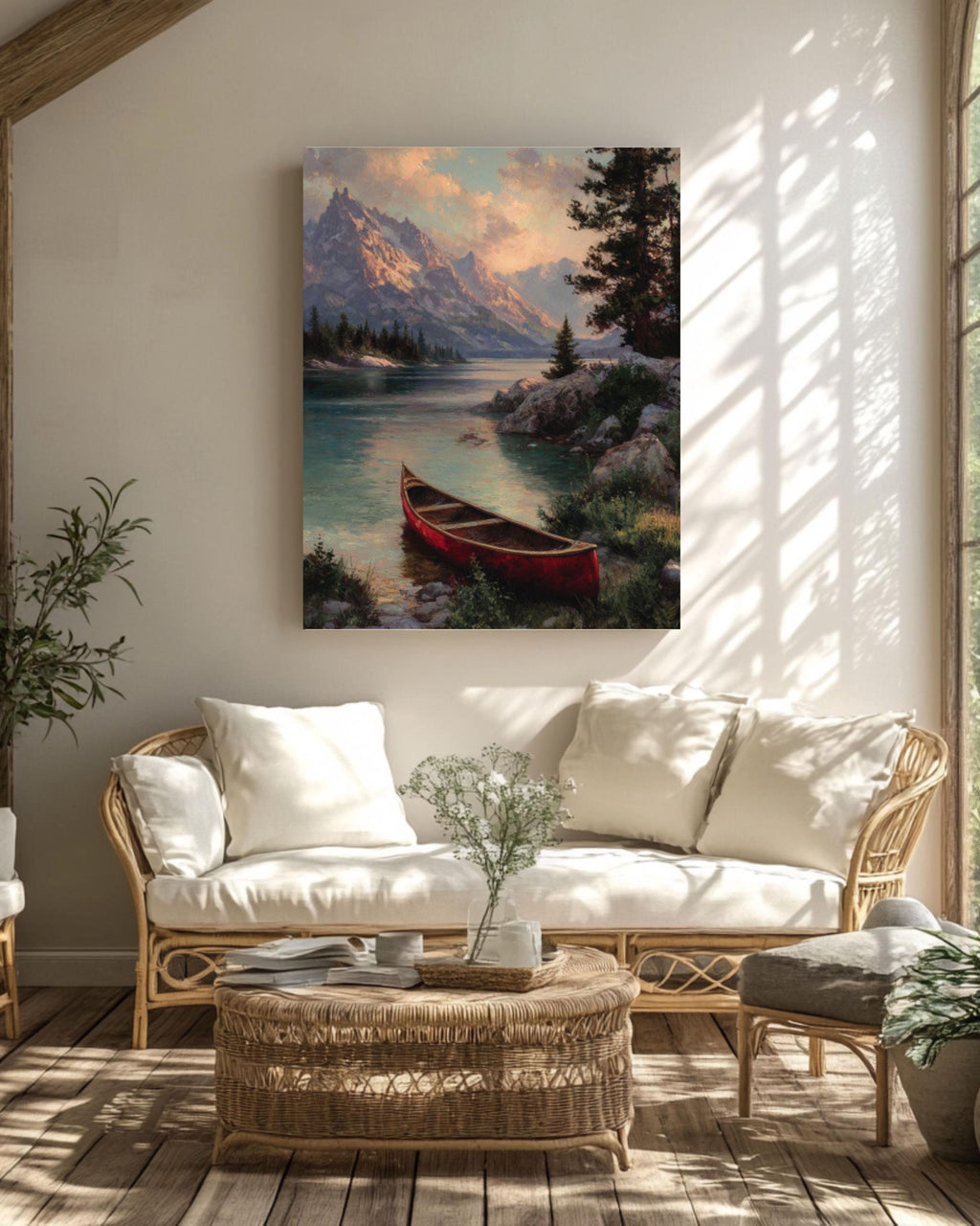 Red Canoe Lake Cabin Wall Art | Rustic Kinkade Style Canvas Print