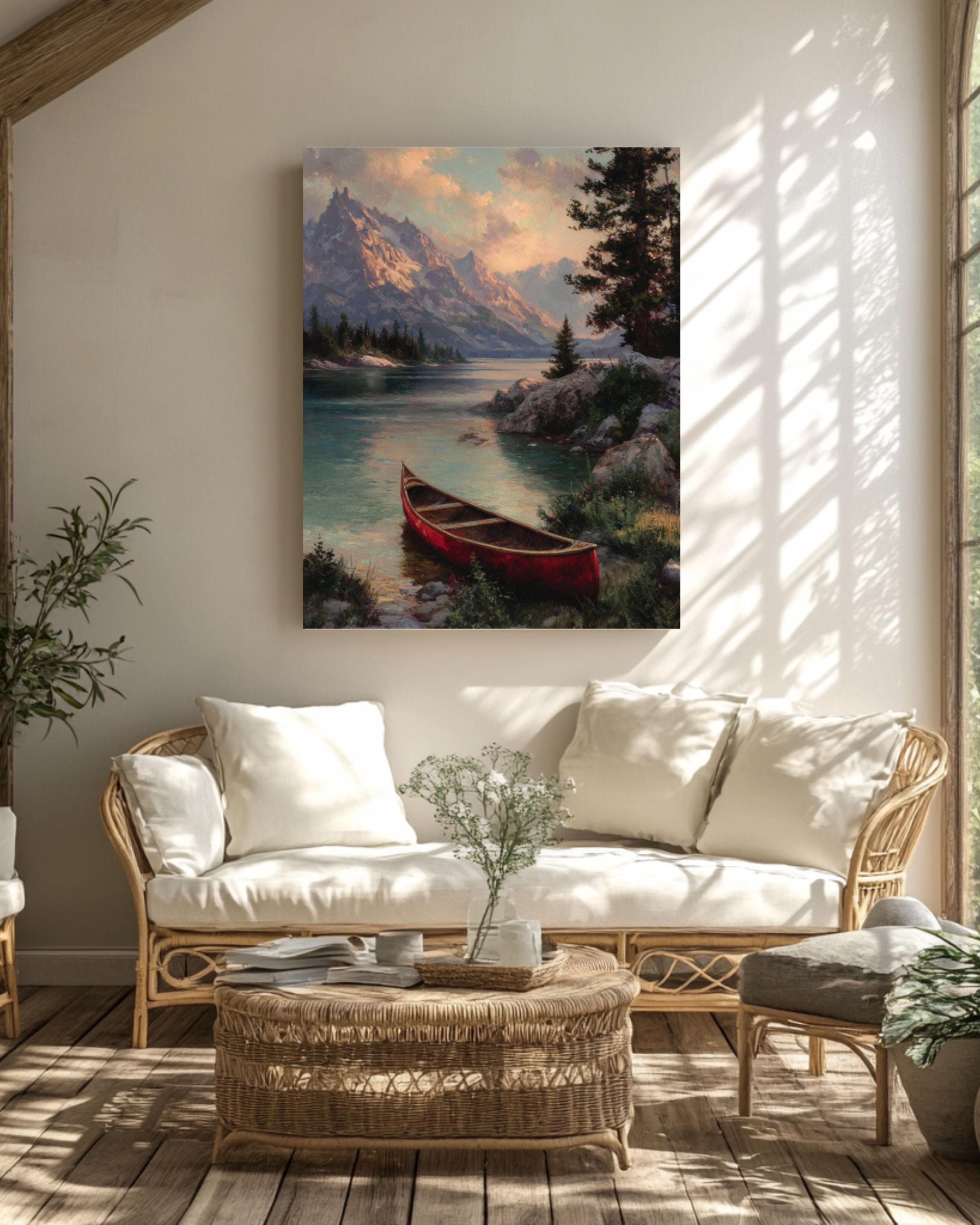 Red Canoe Lake Cabin Wall Art | Rustic Kinkade Style Canvas Print
