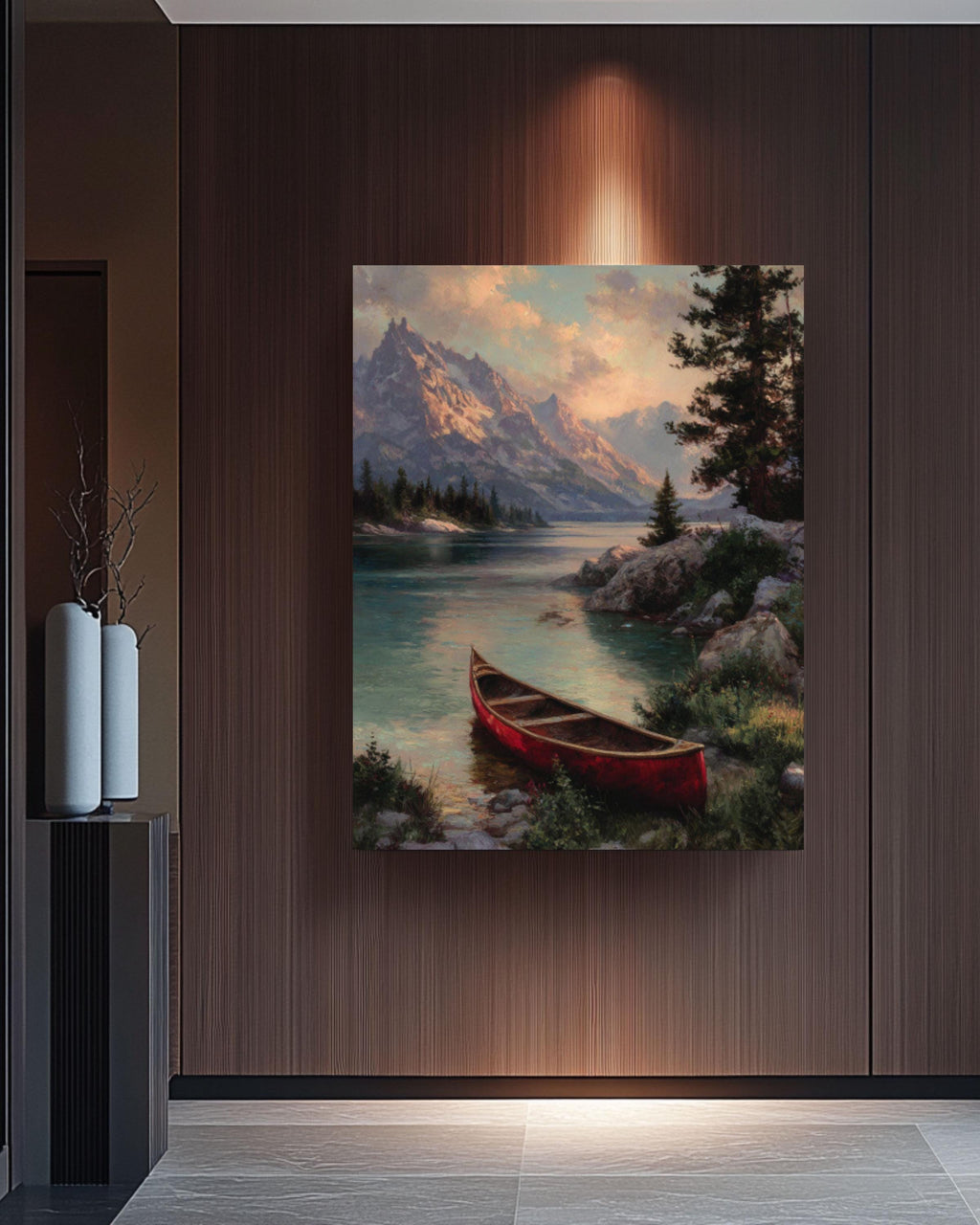 Thomas Kinkade Style Red Canoe Lake Print: Rustic Cabin Wall Art for home and office wall décor