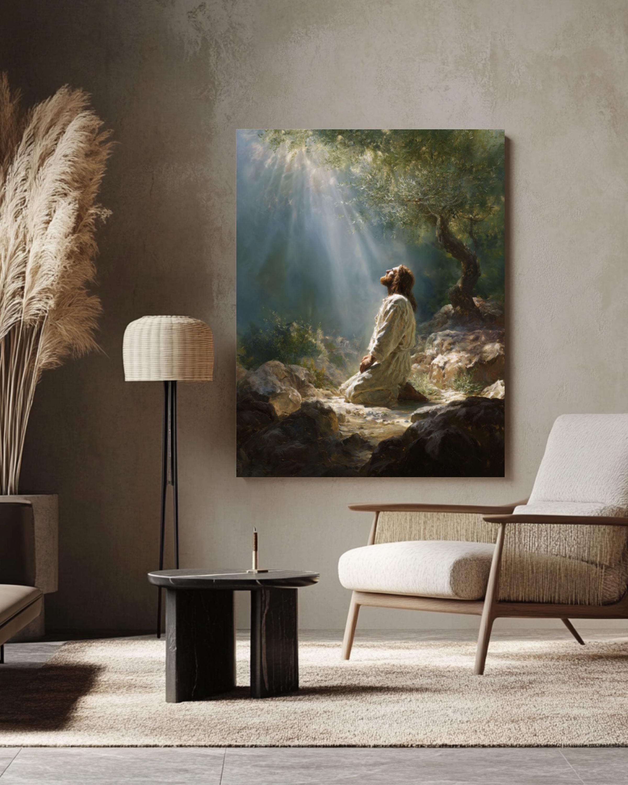 Jesus in Prayer Wall Art | Dreamy Oil Painting Style Canvas Print