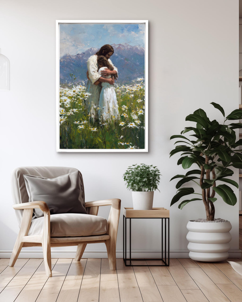 Jesus with Girl in Daisy Field Wall Art | Christian Oil Painting Canvas