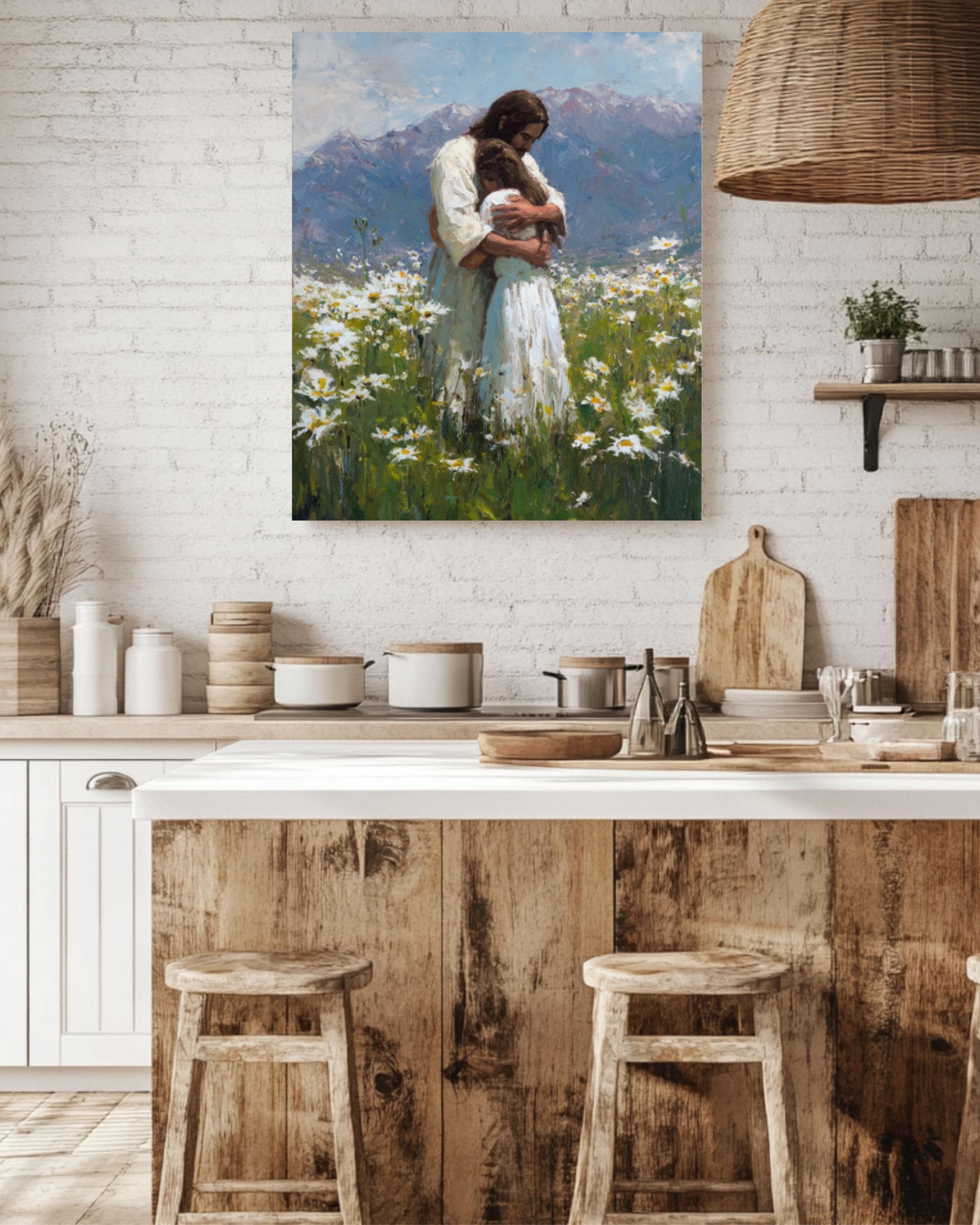 Jesus with Girl in Daisy Field Wall Art | Christian Oil Painting Canvas