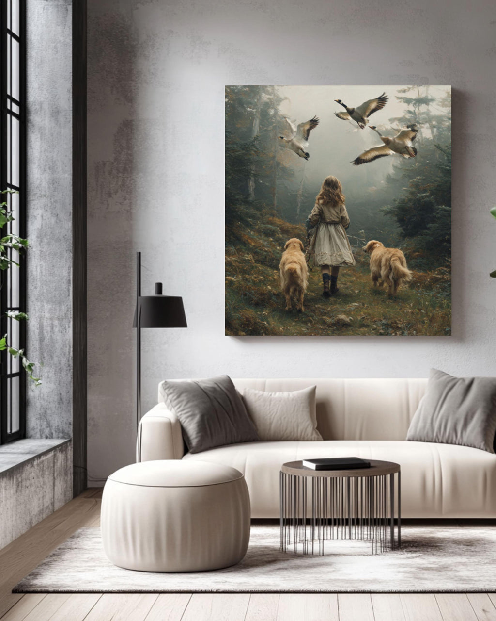 Golden Retriever & Girl Forest Wall Art | Oil Painting Style Canvas