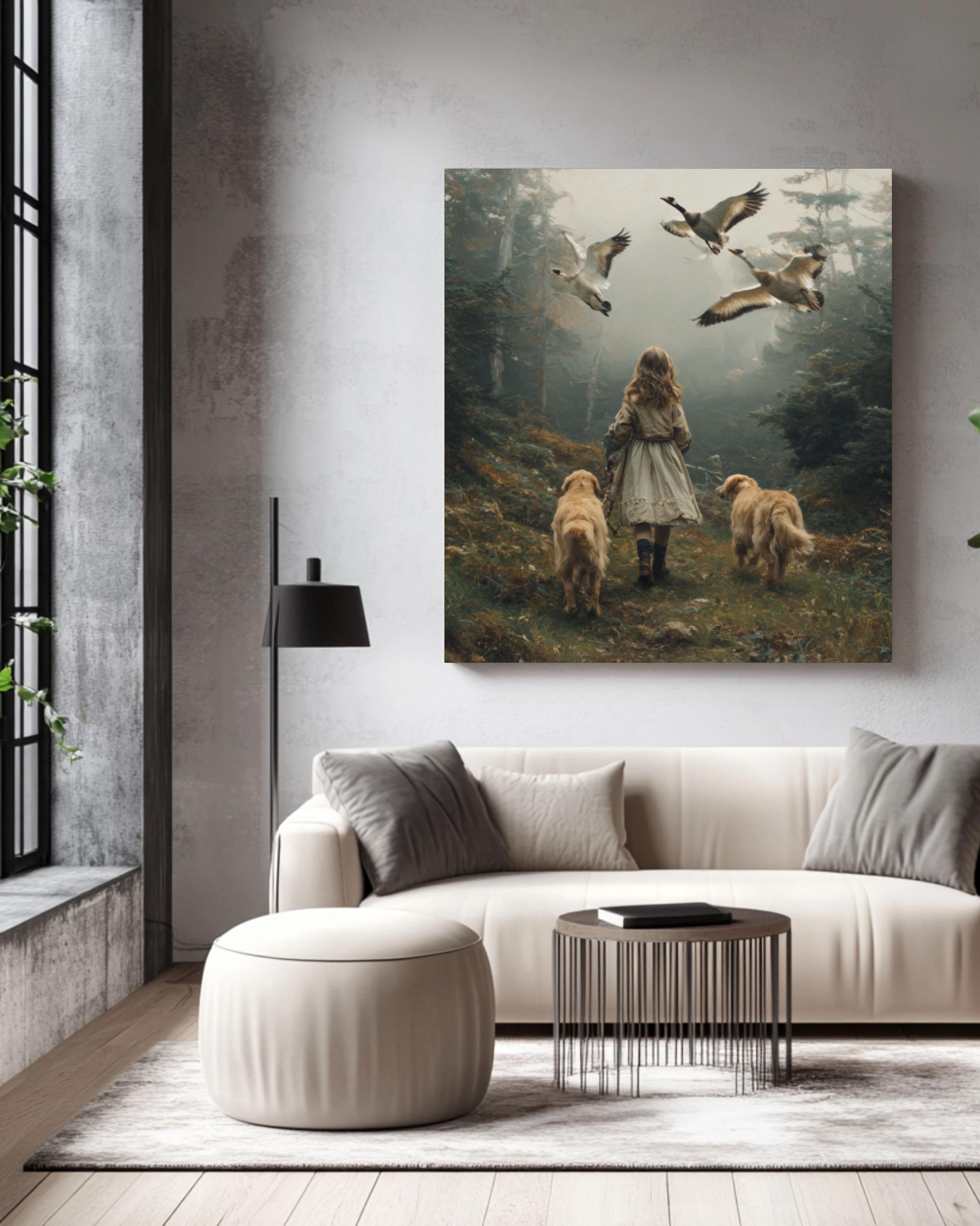Golden Retriever & Girl Forest Wall Art | Oil Painting Style Canvas