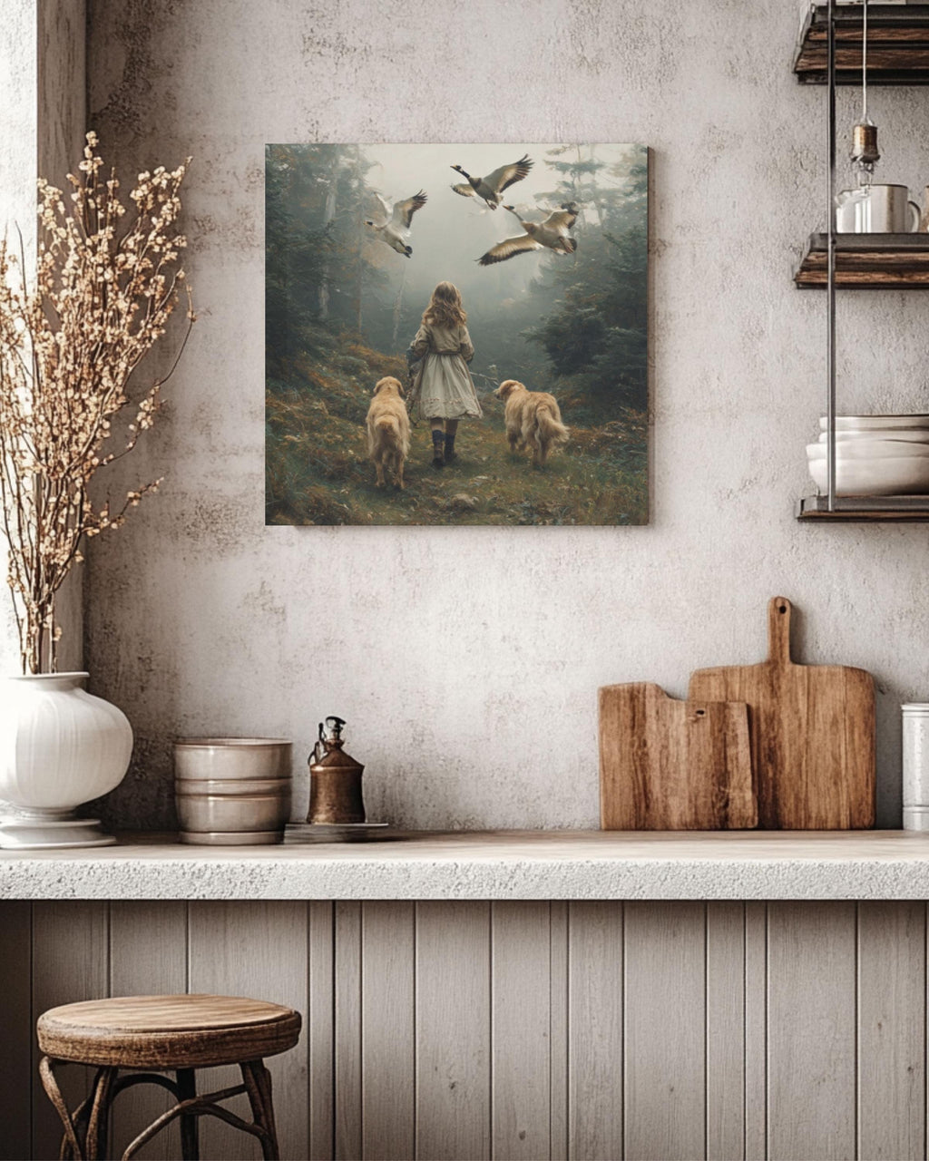 Golden Retriever & Girl Forest Wall Art | Oil Painting Style Canvas