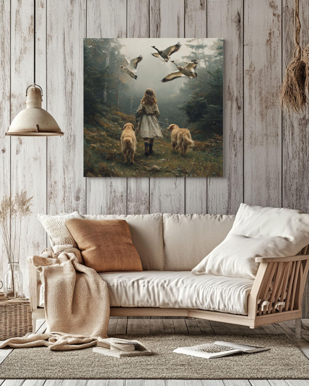 Golden Retriever Forest Art: Girl and Dogs Oil Painting Style for home and office wall décor