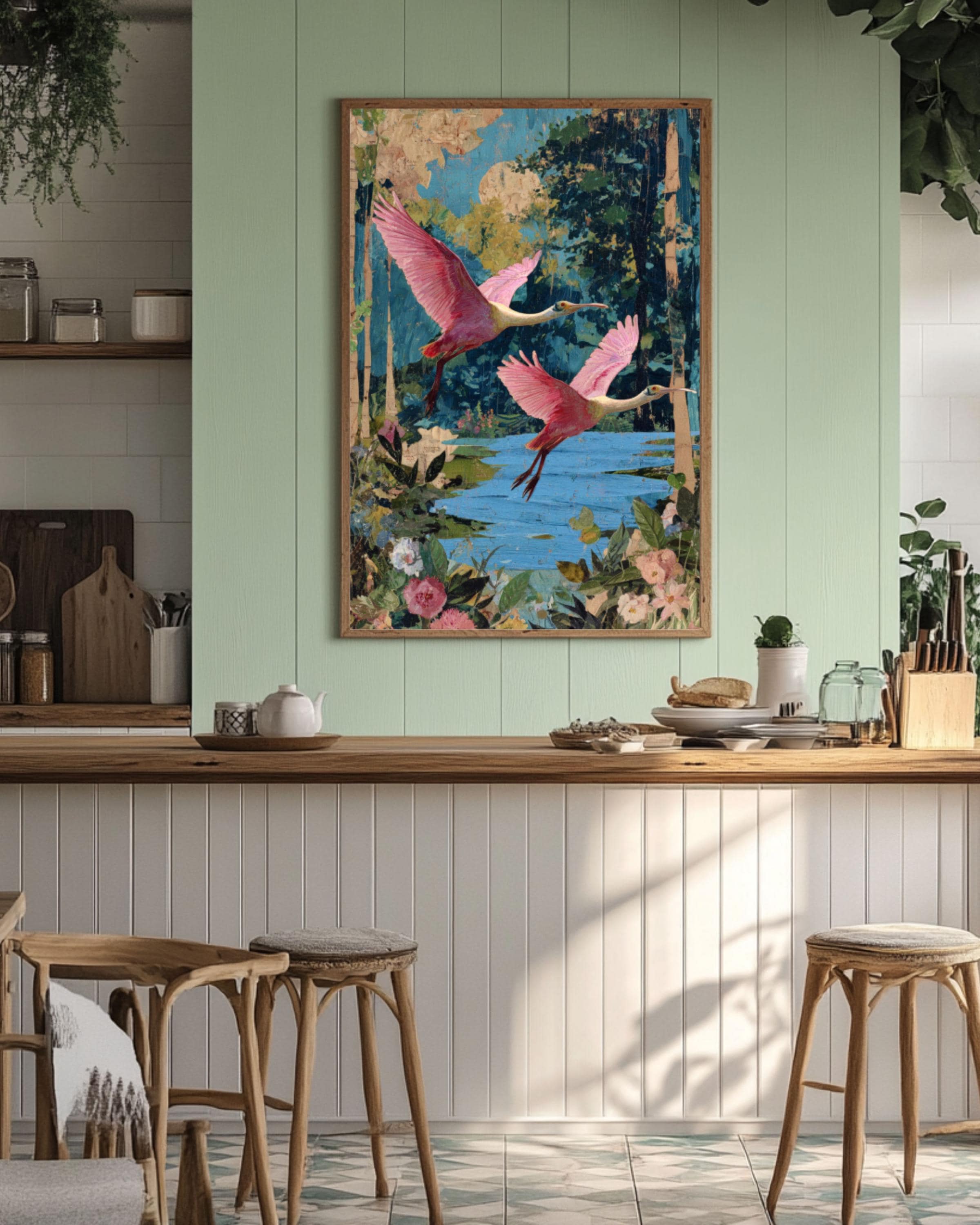 Roseate Spoonbill Collage Wall Art | Vintage Botanical Surrealism Print