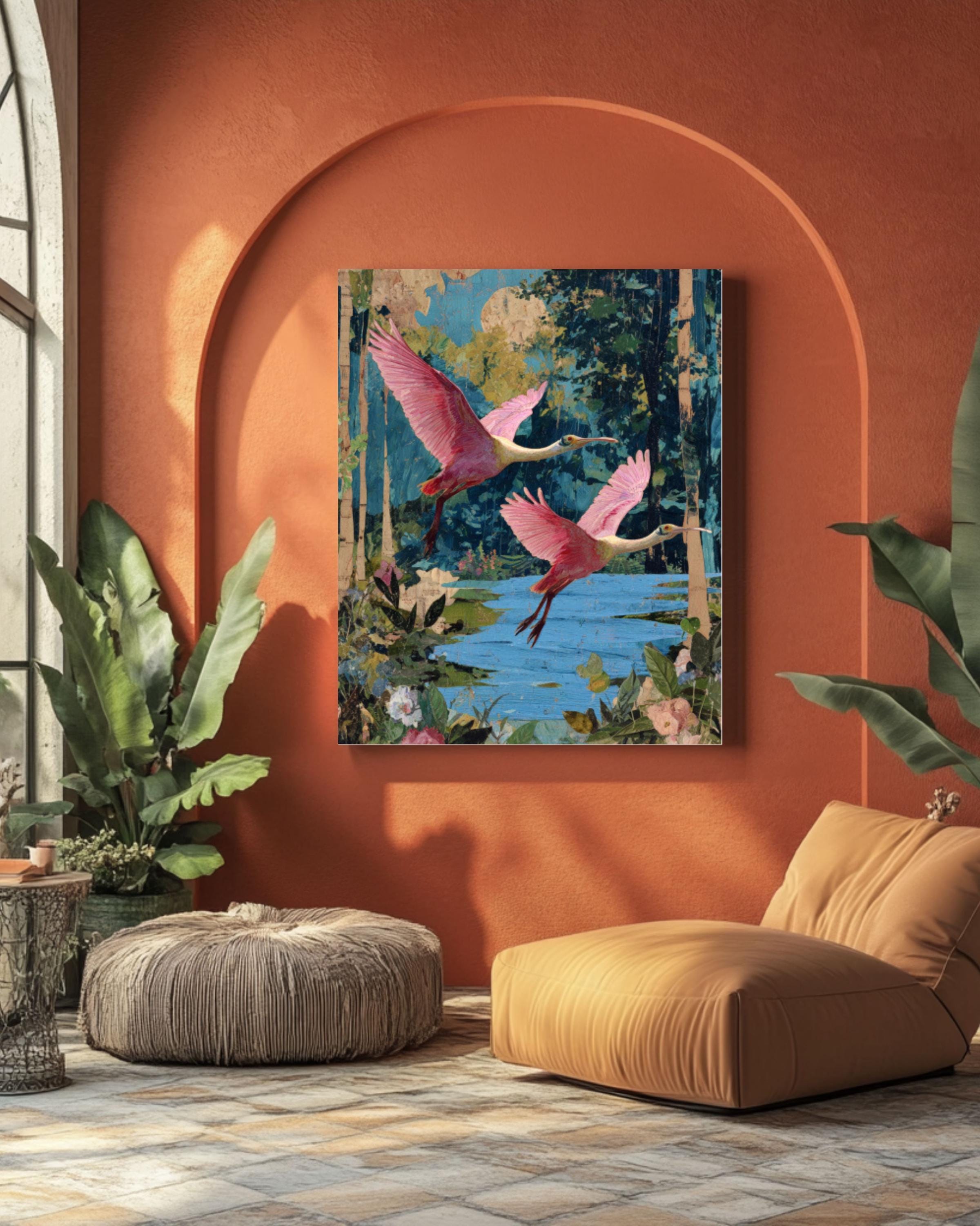 Roseate Spoonbill Collage Art Print: Vintage Botanical Surrealism for home and office wall décor
