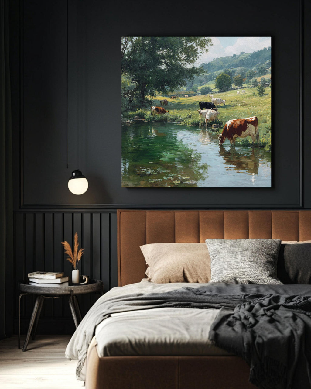 English Countryside Cow Print: Pastoral Landscape Art, Jim Irwin David Gendall Style Canvas Wall Art – Modern Decor Print