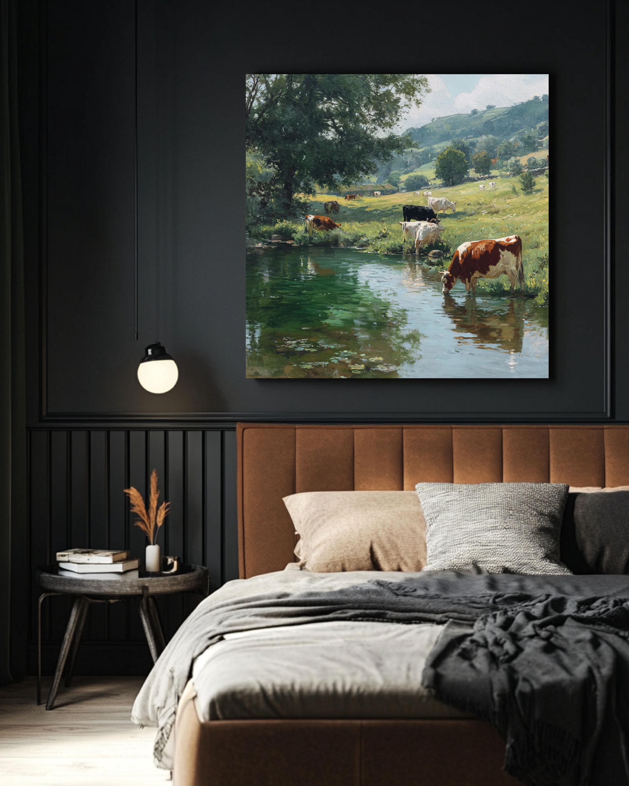 English Countryside Cow Print: Pastoral Landscape Art, Jim Irwin David Gendall Style Canvas Wall Art – Modern Decor Print