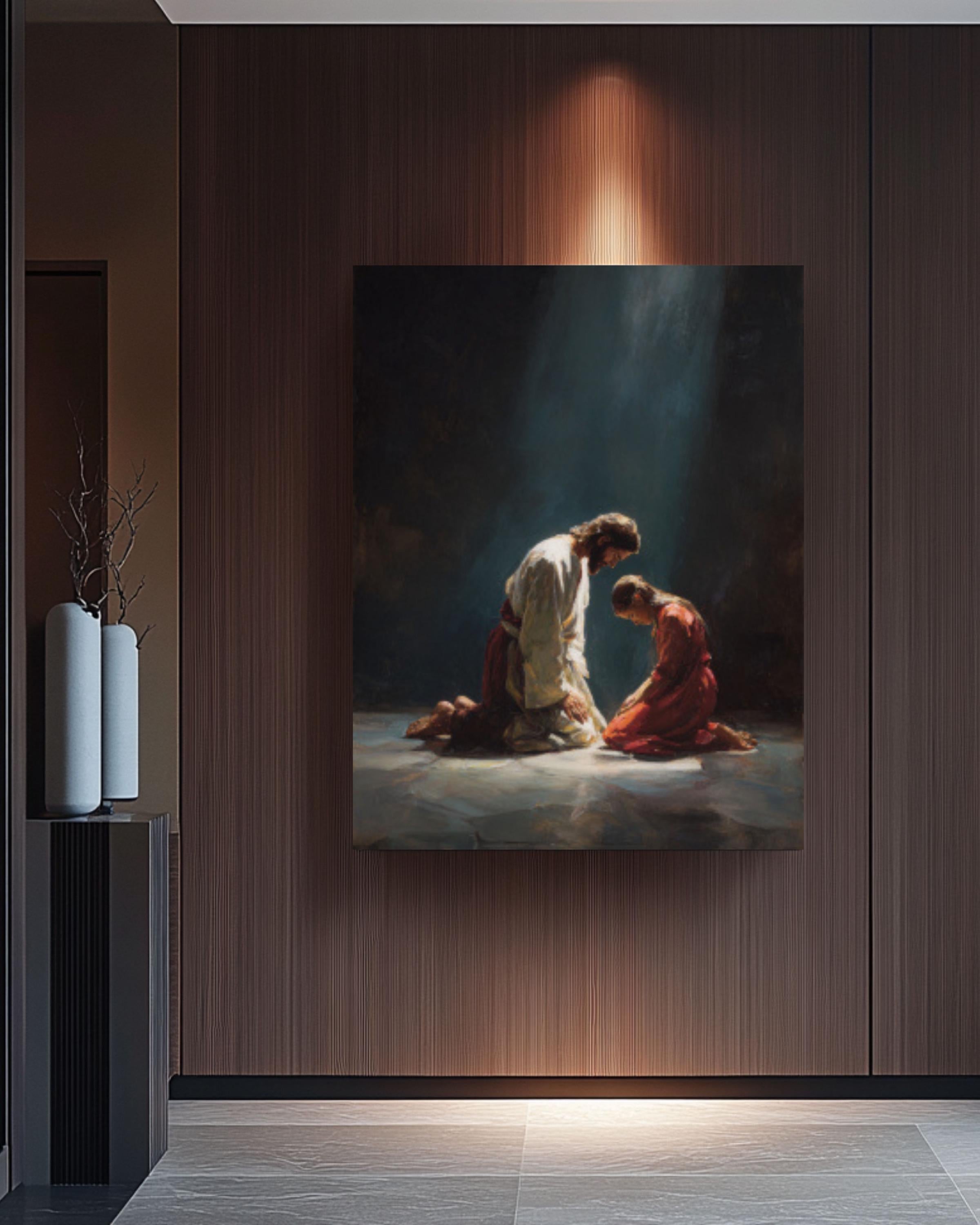 Jesus and Child Praying Wall Art | Peaceful Christian Canvas Print